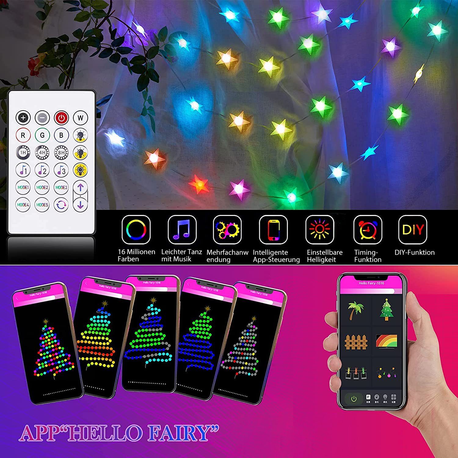 LED-Stern-Lichterketten für LED-Lichterkette Oneid Dekoration Party Schlafzimmer Intelligente