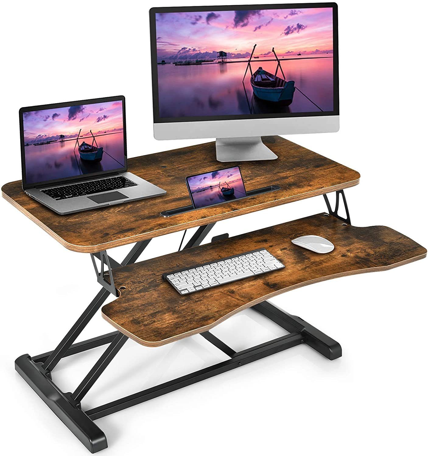 COSTWAY Braun Schreibtisch mit Tablet-Halter Tastaturablage, höhenverstellbar,