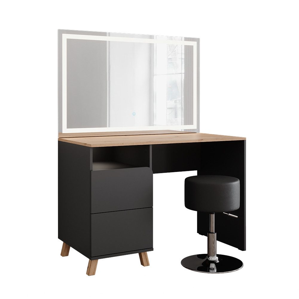 Vicco Schminktisch Karen, Anthrazit/Artisan, 110 cm mit Hocker und LED-Spiegel (3-St)