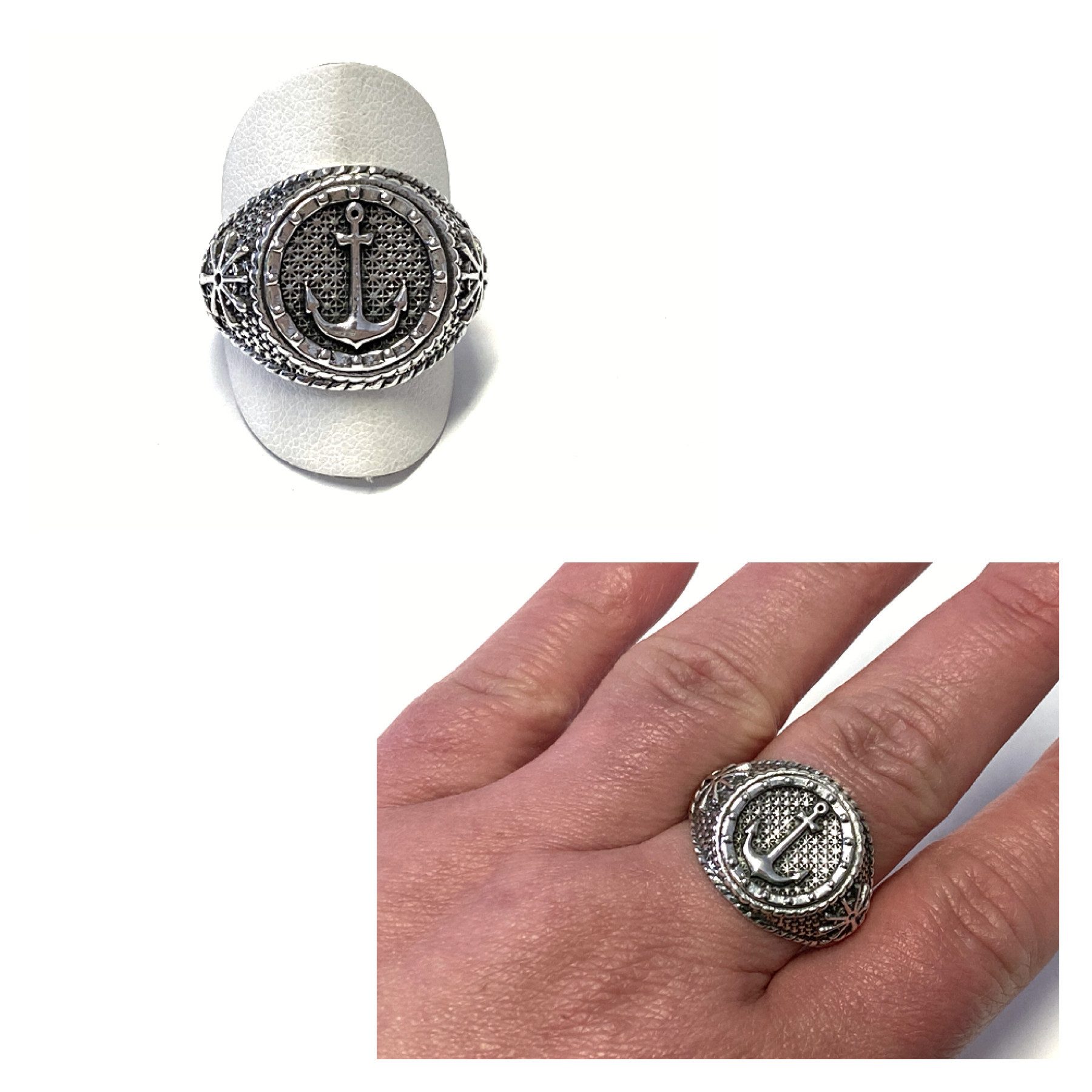 Edelschmiede925 Silberring Ring 925 Silber geschwärzt Anker Motiv rustikal Bandring #65