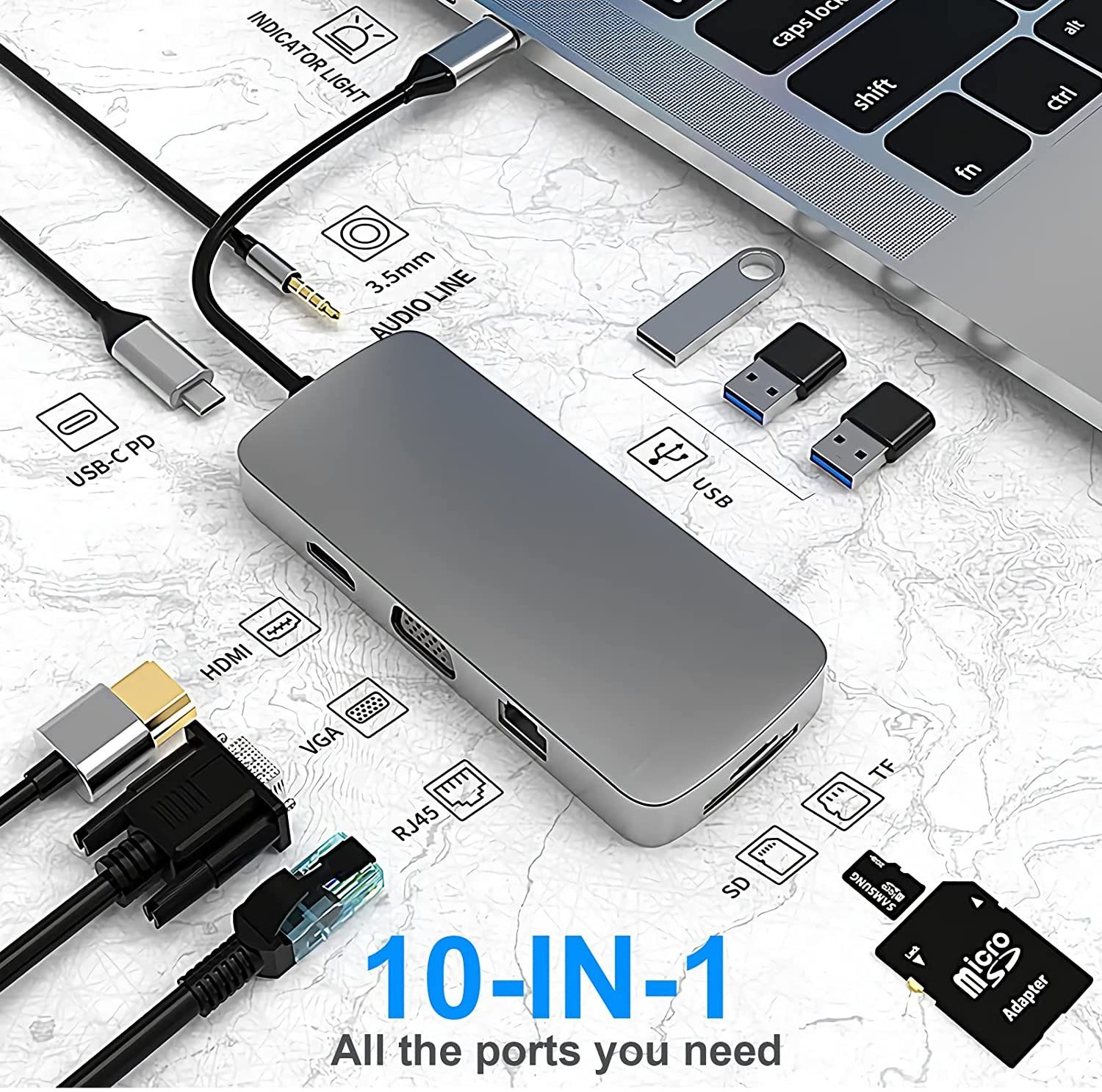 GOLDEN »USB C HUB, Docking Station, 10-in-1 USB C Adapter mit 4K-HDMI, VGA,  Type C PD, USB 3.0 Ports, RJ45 Ethernet, SD/TF-Kartenles, 3.5mm AUX,  kompatibel mit MacBook Pro/Air, More Type C Geräte«