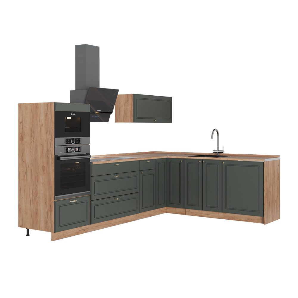 Vicco Winkelküche Fame-Line, Grün-Gold Landhaus/Goldkraft Eiche, 287 x 51.6 cm ohne ...