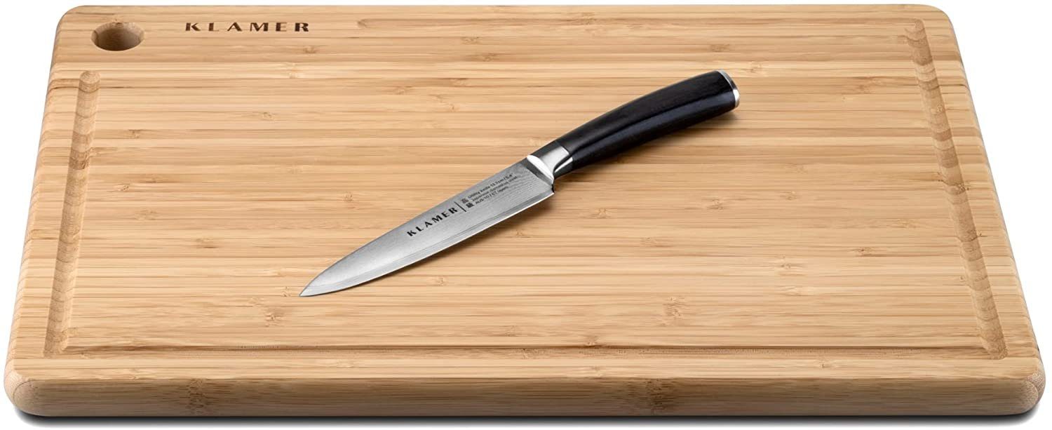 KLAMER Damastmesser Allzweckmesser 13cm, scharfes Küchenmesser, Profi Kochmesser aus japa…, 67-Lagen Damaststahl, 61 HRC, 13° Schnittwinkel