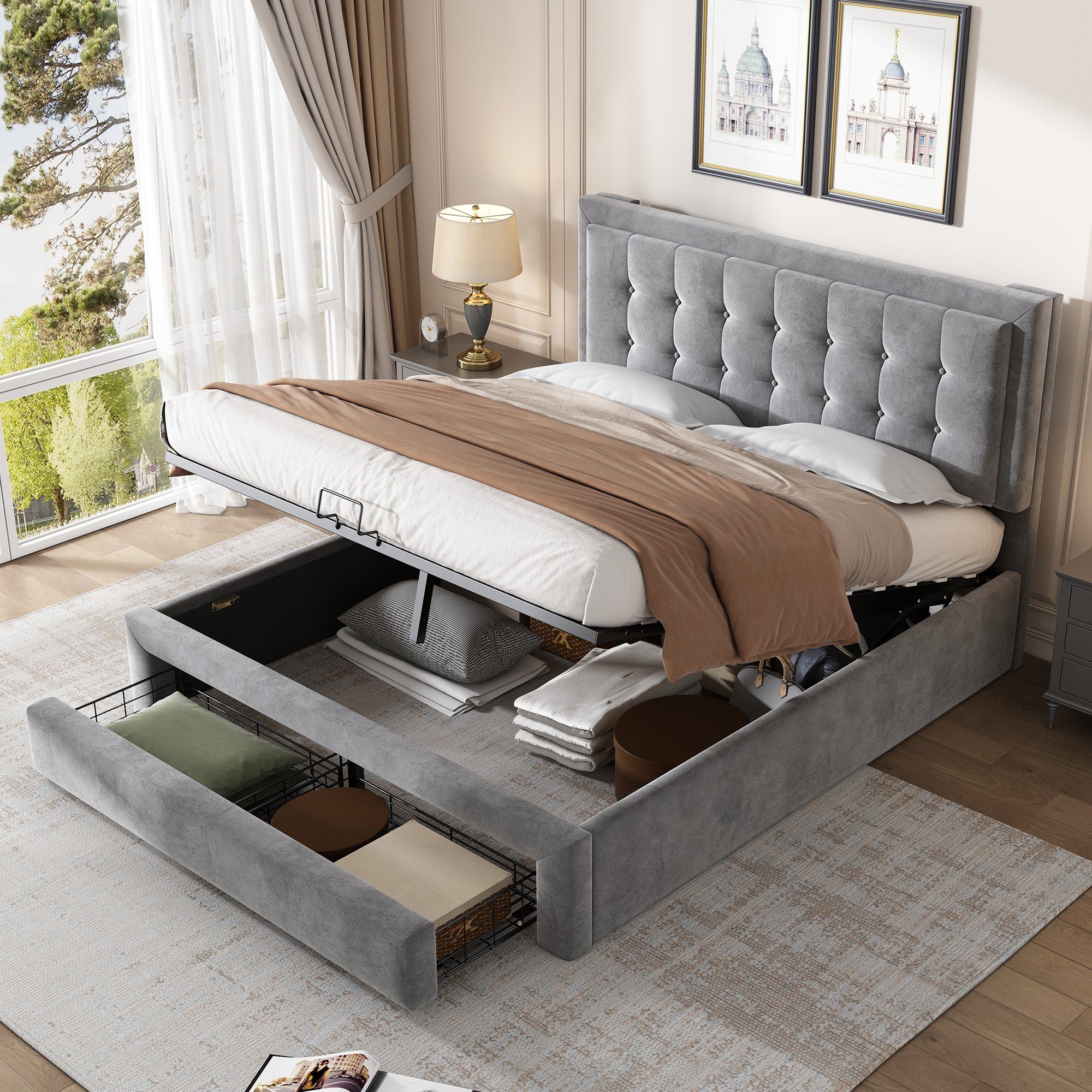 HOMALL Polsterbett »Bett mit Kasten und Schubladen Samtstoff Polsterbett  großer Stauraum«