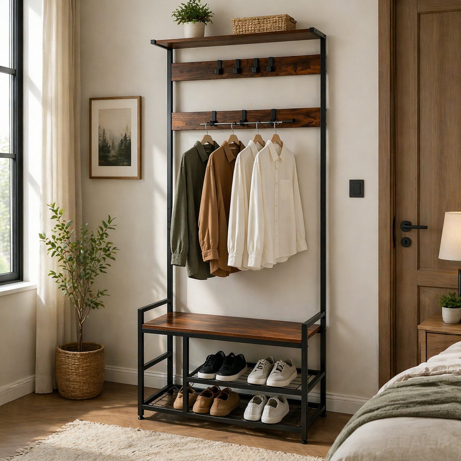 BIGTREE Garderobenständer Kleiderständer mit Schuhablagen Garderobe mit 7 Haken, Höhe 180 cm, Garderobe 2-in-1 mit Ablagen für Wohnzimmer, Büro, 30 x 80 x 180 cm