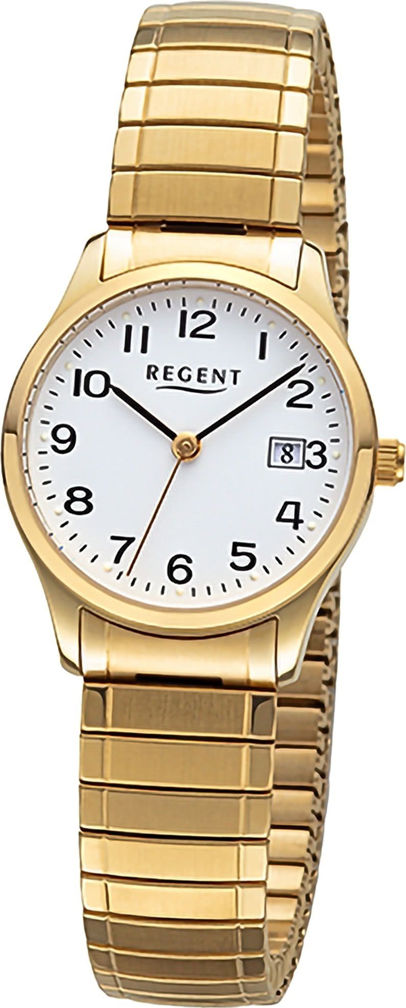 Regent Quarzuhr Regent Damen Armbanduhr Analog, Damenuhr Edelstahlarmband gold, rundes Gehäuse, groß (ca. 27mm)
