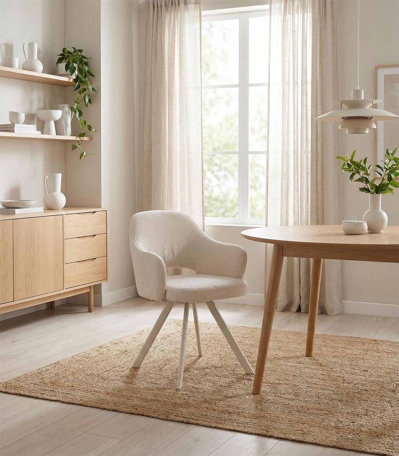 Home4You Polsterstuhl, Ecru, Sandgrau matt, Polyester, Metallgestell, 180 Grad drehbar mit Rückholfunktion, B 58 x H 83 x T 61 cm