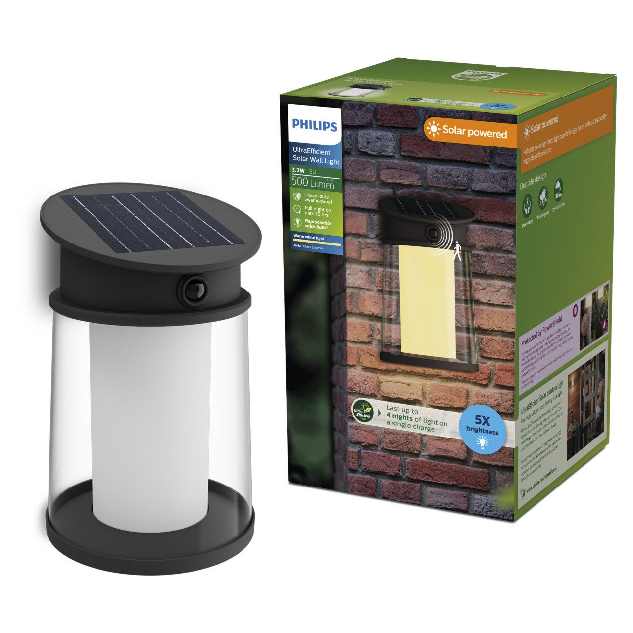 Philips Wandleuchte Philips Solar-Wandleuchte Juda 37,5 x 23,5 x 23,5, Inkl. Leuchtmittel, Mit Bewegungsmelder nicht dimmbar