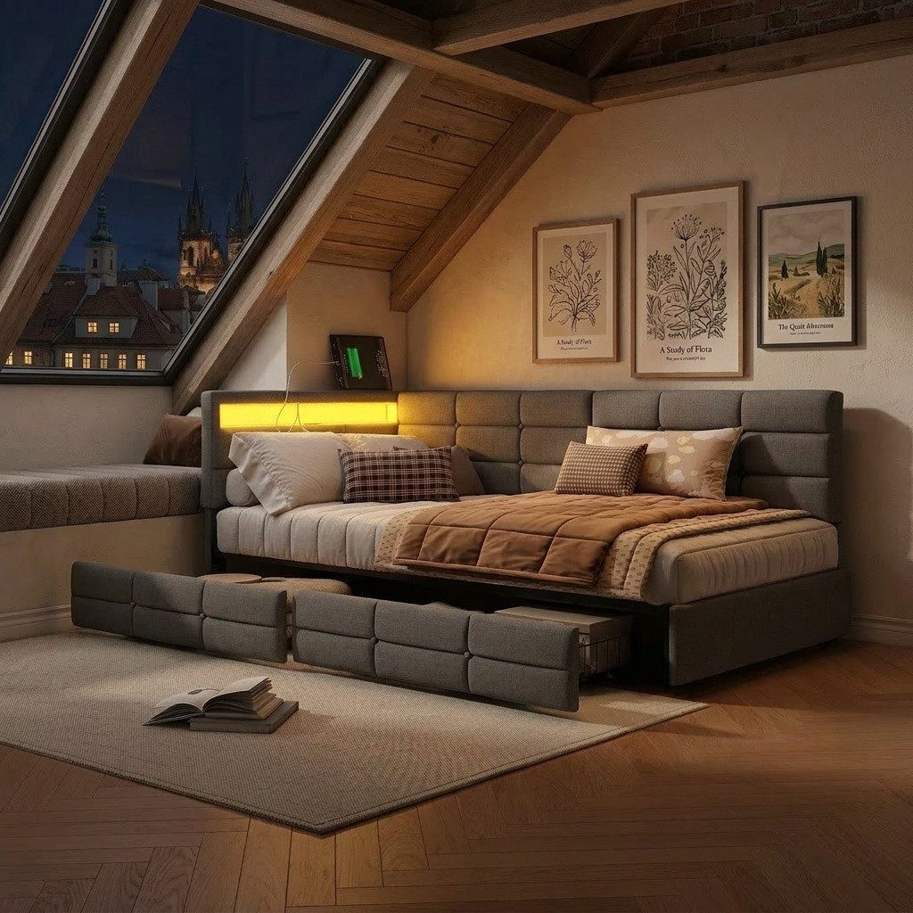 PXloue Polsterbett Daybett Tagesbett, Schlafsofa,2 Schubladen, Mit LED und USB-Ladeanschluss,90x200 cm