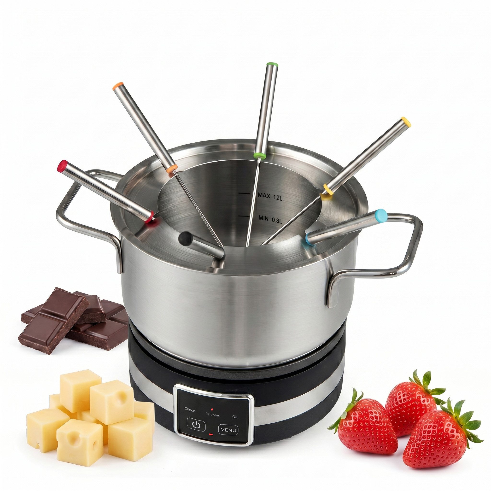 KOMFOTTEU Elektro-Fondue, 2,3L Edelstahl Fonduetopf inkl. 6 farbigen Gabeln