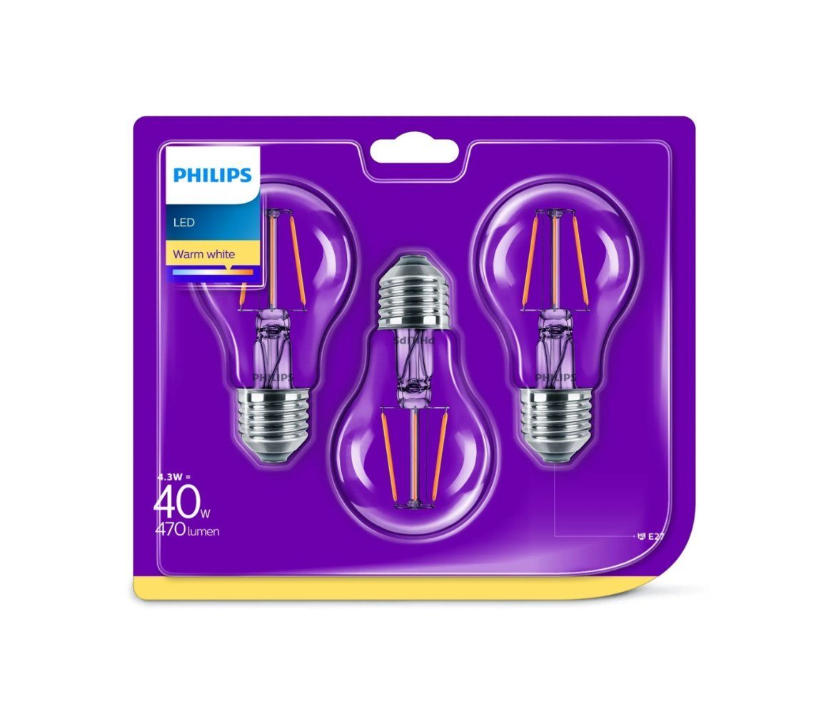 Philips E27, Warmweiß 4,3W = Philips A60 E27 LED-Leuchtmittel Filament Warmweiß LED 3x 40W 470lm 2700K, KLAR