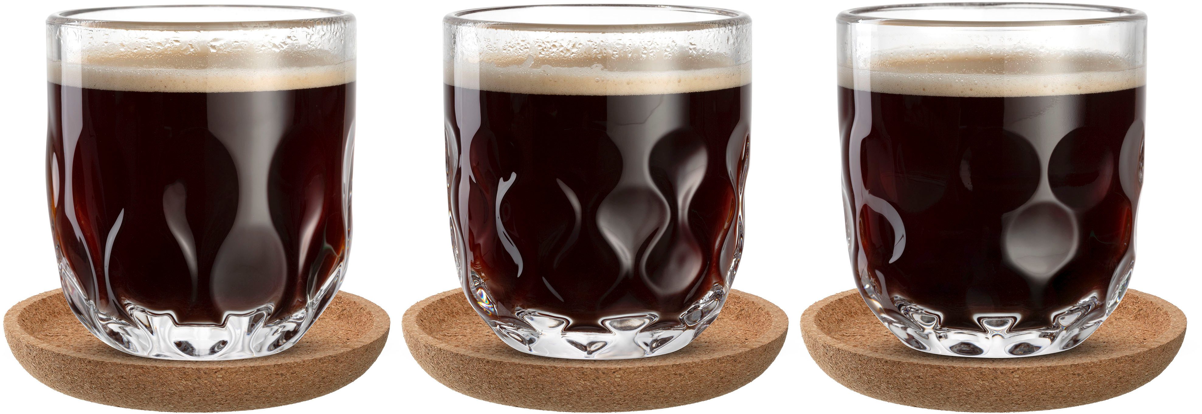 LEONARDO Gläser-Set Kaffee-Set GOCCE, 220 ml, 6-teilig, 6-tlg., Glas, 3 Gläser mit unterschiedlichem Tropfenrelief, inkl. Kork-Untersetzer