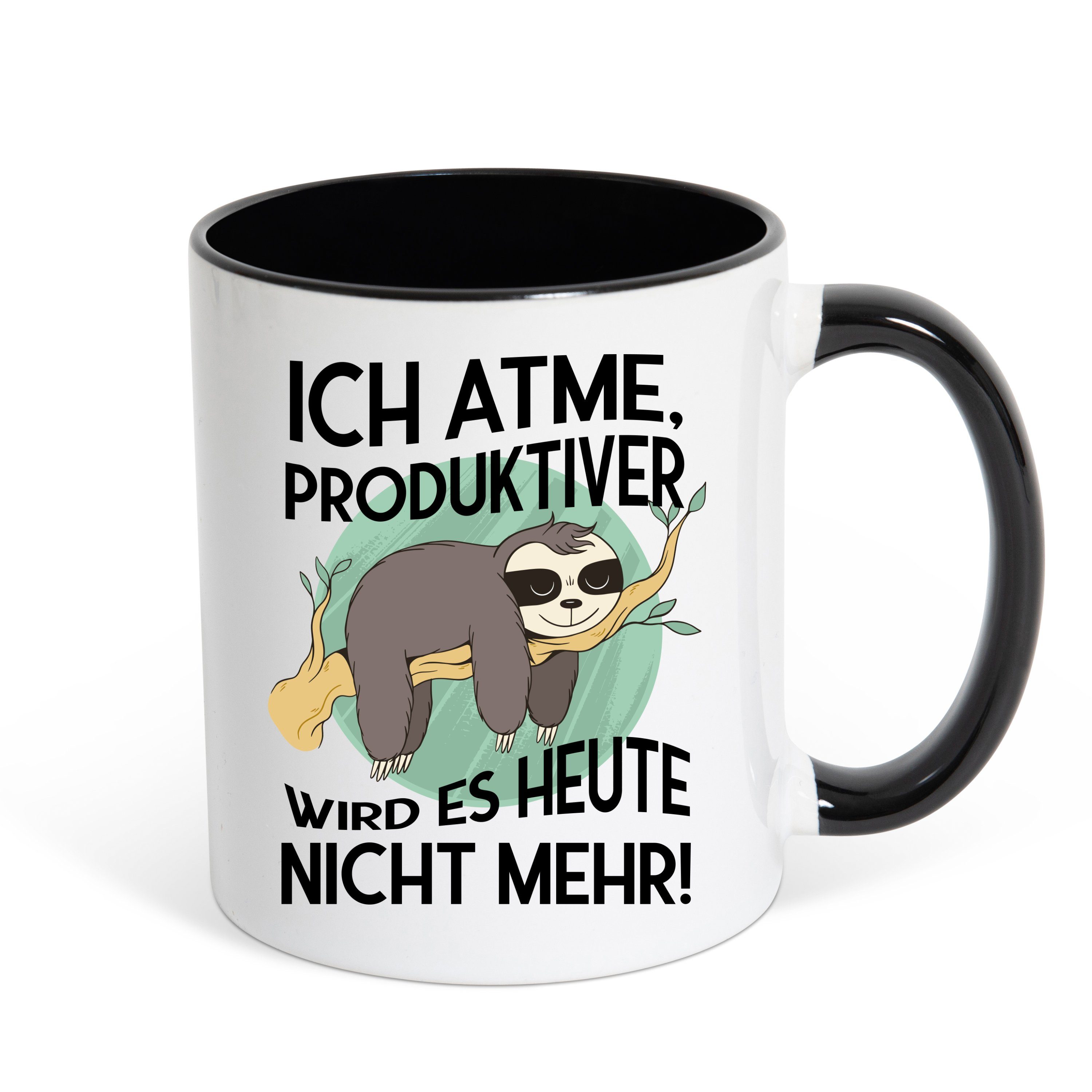 Youth Designz Tasse Ich atme, Produktiver wird es heute nicht mehr Kaffeetasse Geschenk, Keramik, mit lustigem Print Weiss/Schwarz
