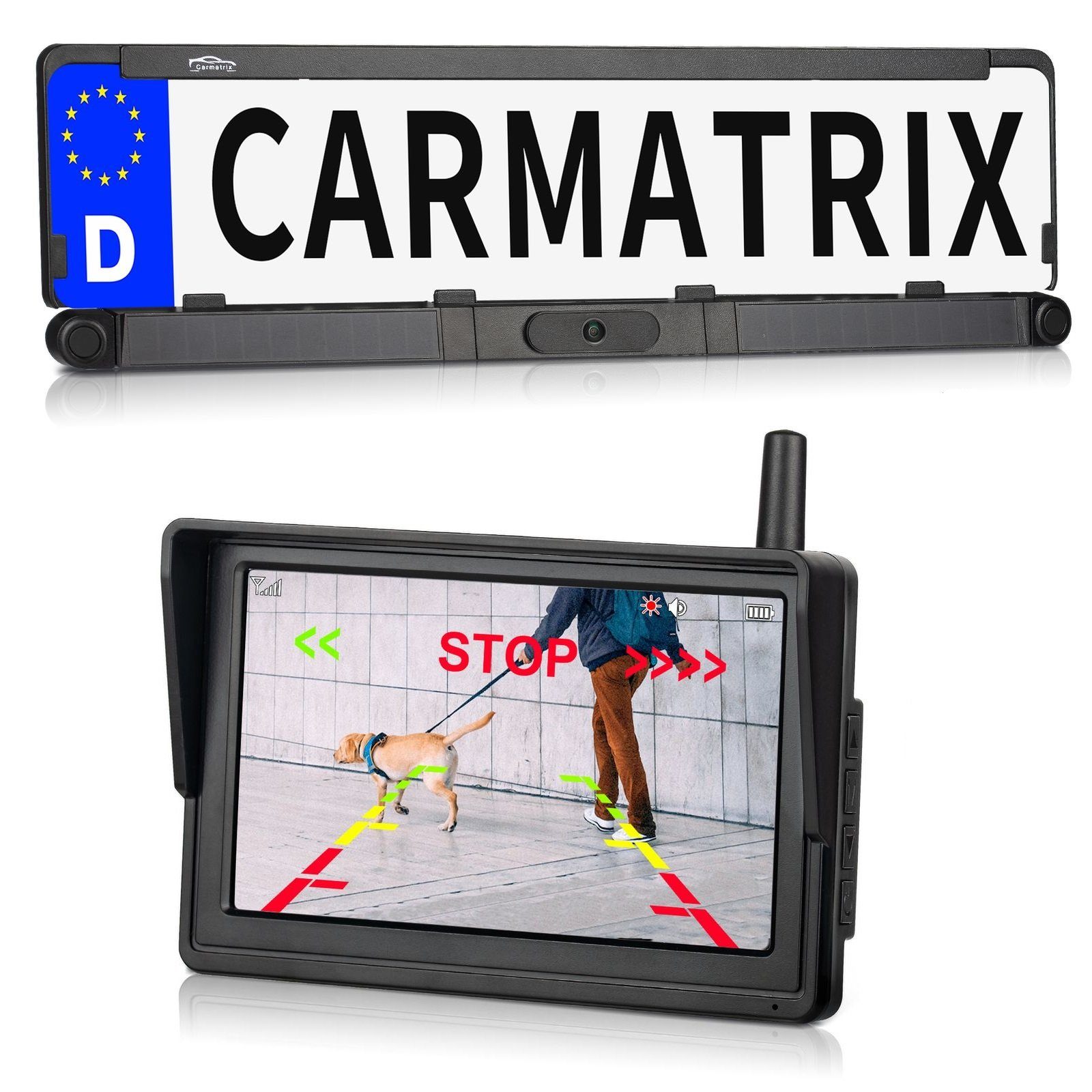 CARMATRIX Premium Solar 2 Rückfahrkamera (Auto Funk Video Solar Rückfahrsystem Nummernschild Kennzeichenhalter, mit 2 PDC Sensoren, Einparkhilfe mit Rückfahrkamera zum nachrüsten)