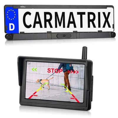 CARMATRIX Solar 2 Rückfahrkamera (Auto Funk Video Solar Rückfahrsystem Nummernschild Kennzeichenhalter, mit 2 PDC Sensoren, Einparkhilfe mit Rückfahrkamera zum nachrüsten)