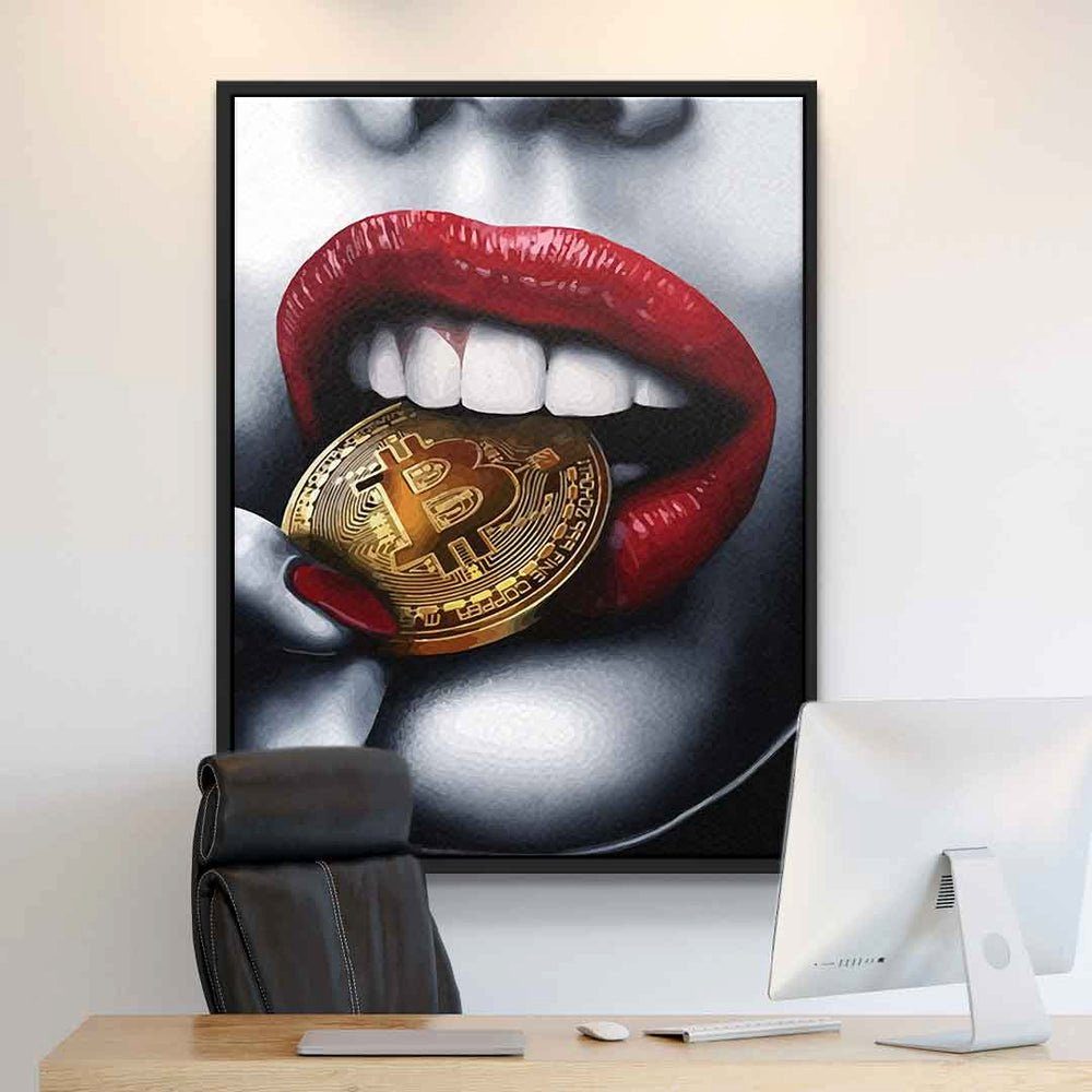 Bitcoin mit Girl, Crypto Leinwandbild Lippen Rahmen DOTCOMCANVAS® goldener Erotik elegant rote Bitcoin Münze girl Leinwandbild