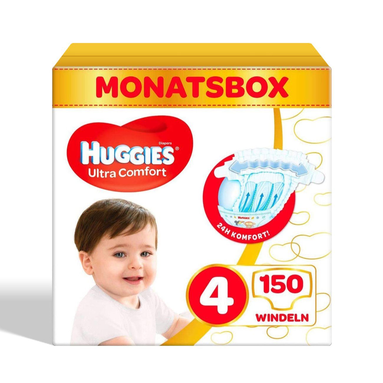 HUGGIES Windeln Ultra Comfort Babywindeln, Größe 4 (7-18 kg), Monatsbox, 150 Windeln