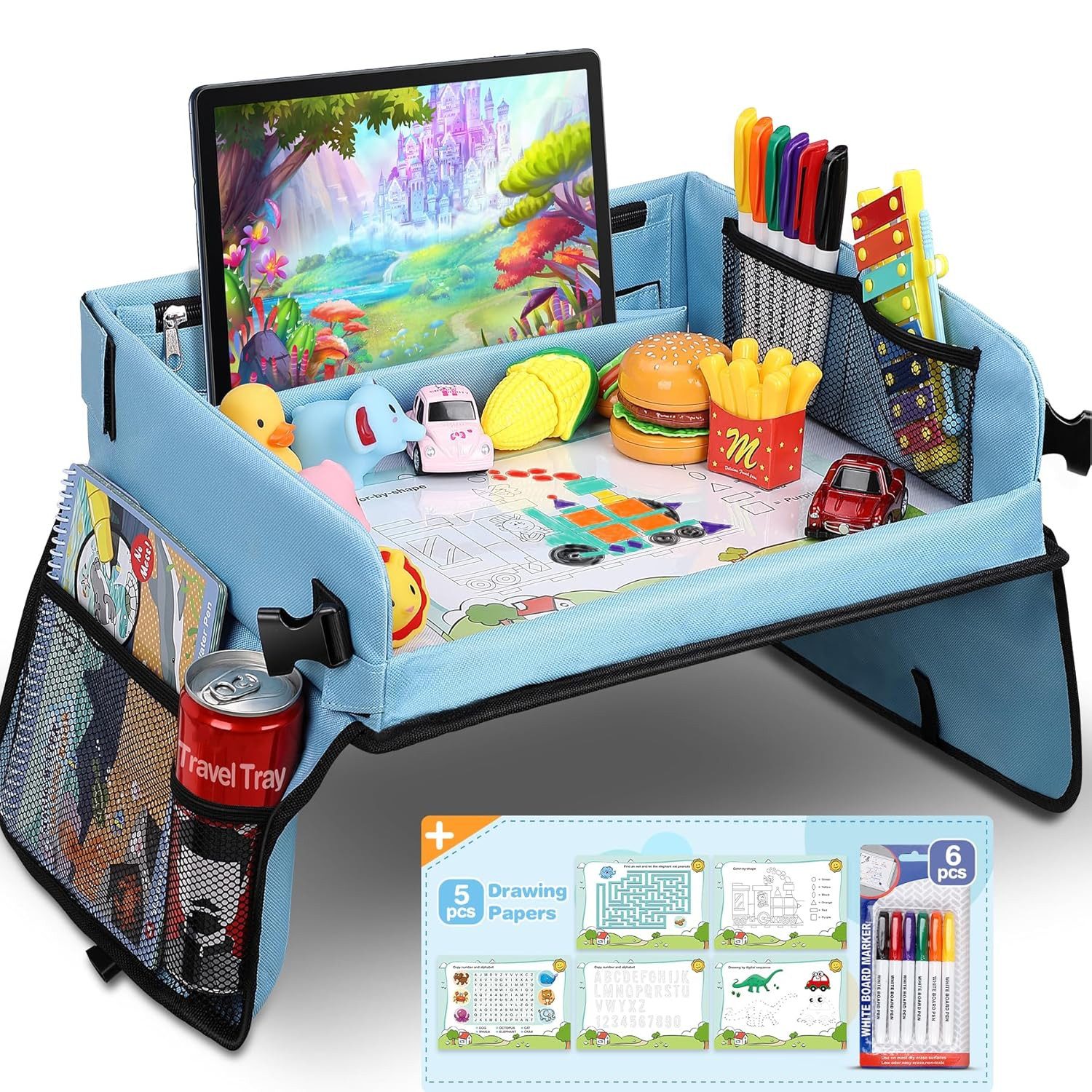 POPOLIC Spieltisch Kinder Knietablett Reisetisch,BeschäFtigung Autofahrt Kinder, Tragbar Tablett, Einstellbar Kindersitz, Autositz für Kinder
