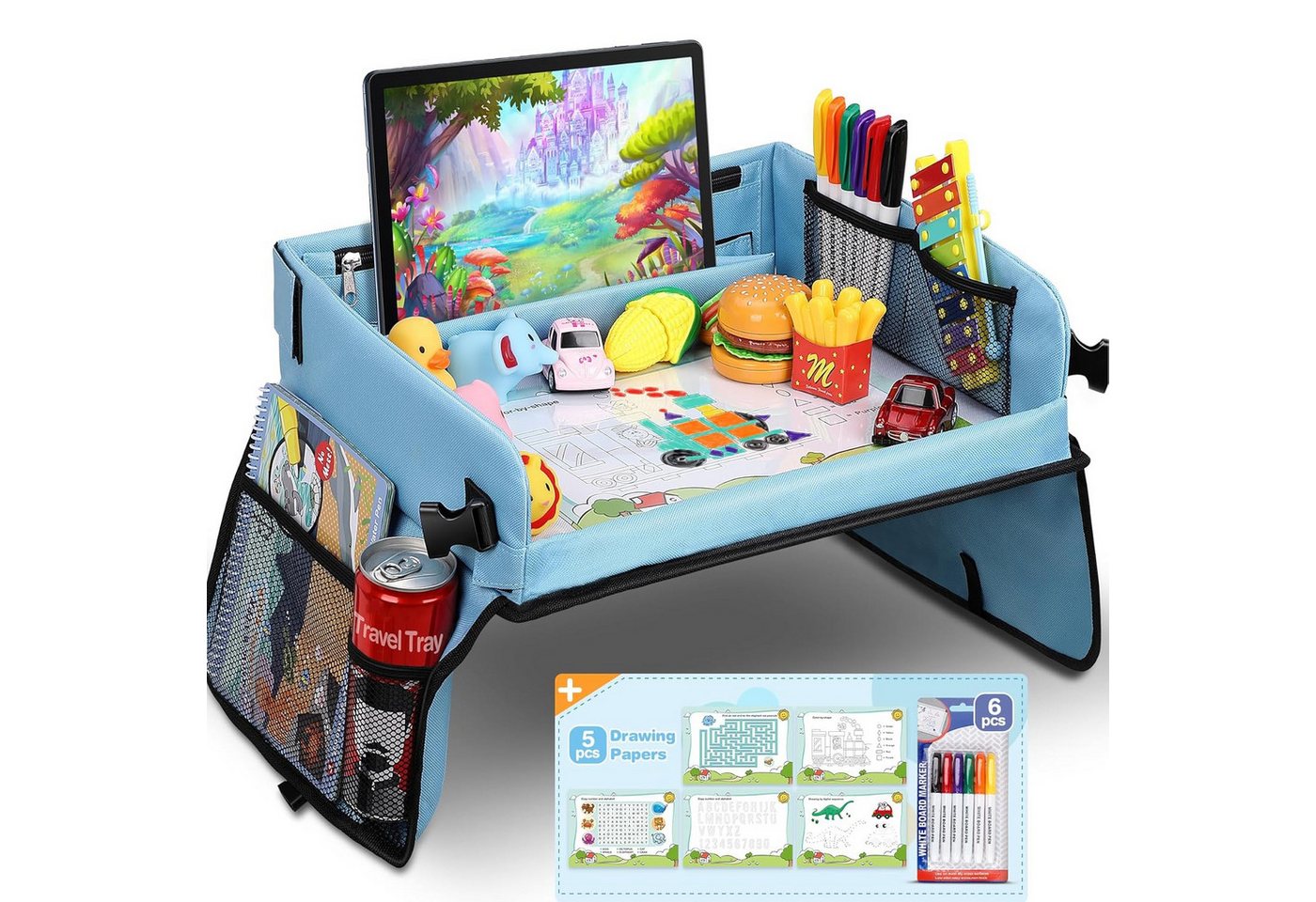 POPOLIC Spieltisch Kinder Knietablett Reisetisch,BeschäFtigung Autofahrt Kinder, Tragbar Tablett, Einstellbar Kindersitz, Autositz für Kinder
