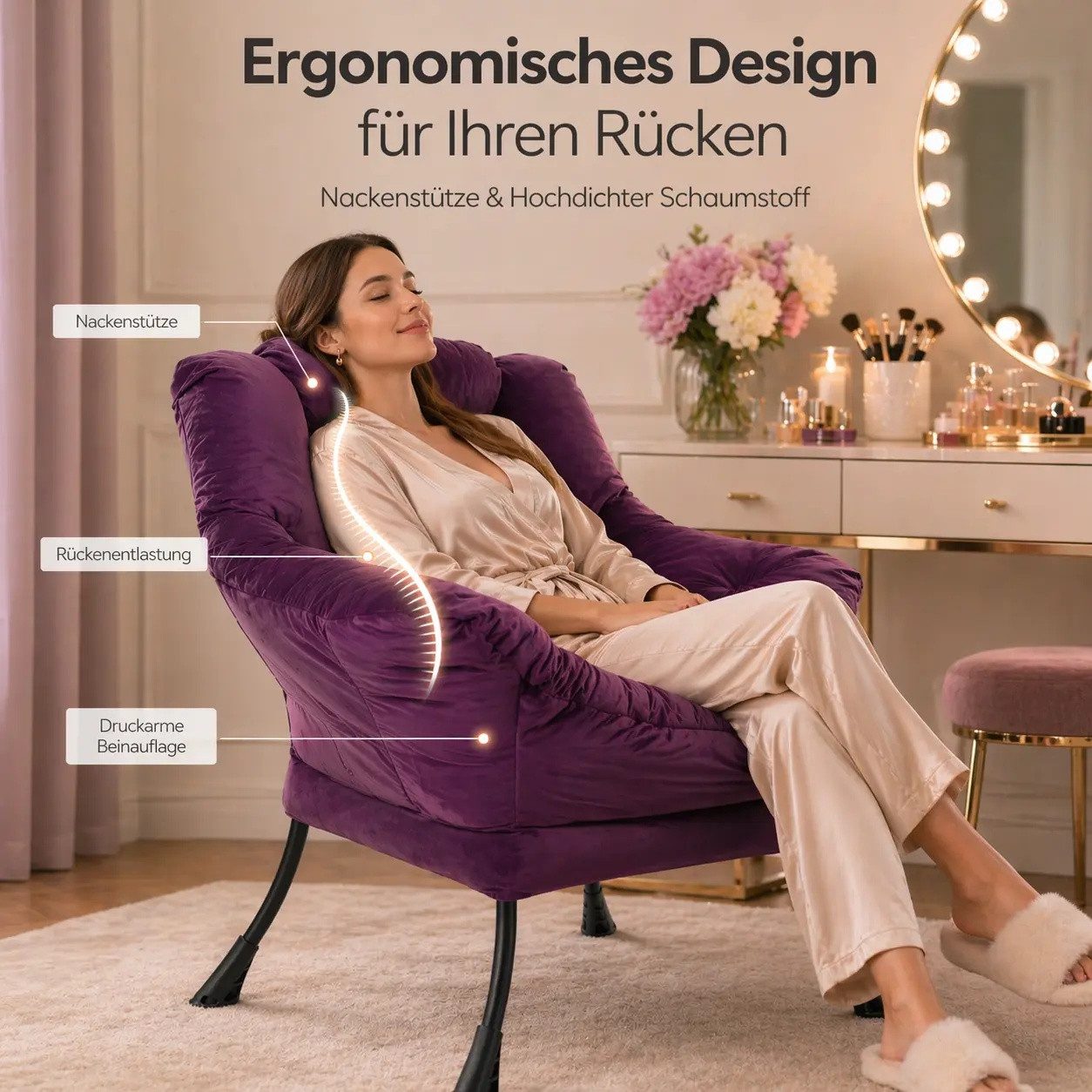 ANYSUN Loungesessel Relaxsessel aus Samt mit Nackenstütze, ergonomisch weich gepolstert (Sessel mit optionalem Fußhocker, Relaxsessel), Kompakter Relaxsessel 75 x 80 x 85 cm, wahlweise mit Fußhocker