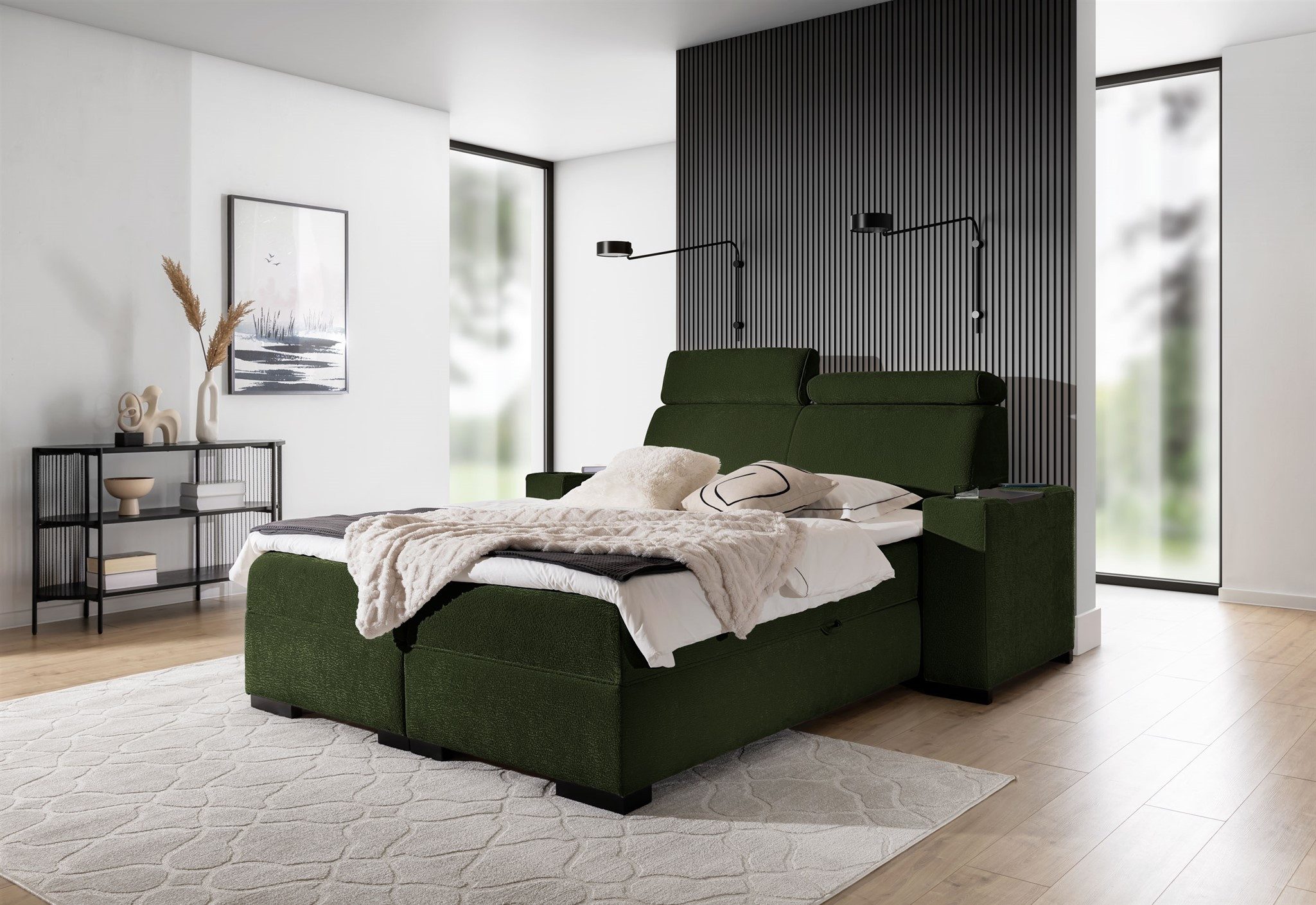 Fun Möbel Boxbett Bett NESTOR in Stoff Dress Me Set.1 (Erhältlich auch mit 2 x Nachttisch, Einstellbare Kopfstützen), Inkl. 2 x Bettkasten und Topper