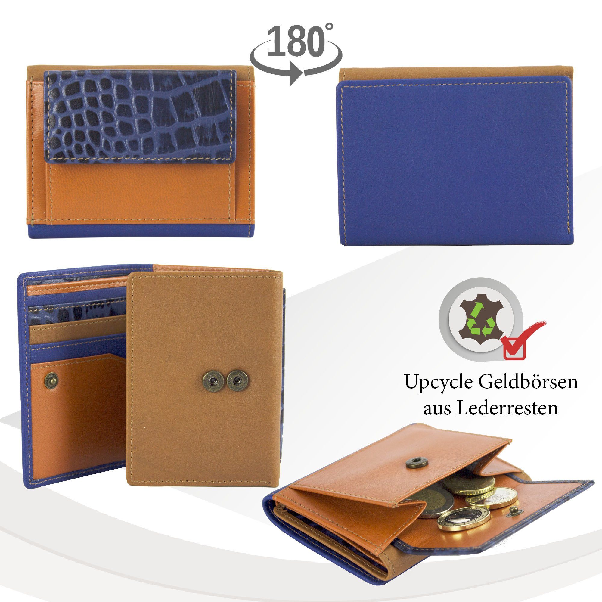 RFID-Schutz, klein Geldbörse Unisex Geldbeutel Sunsa Brieftasche, Portemonnaie Leder, mit Mini Leder Lederresten, recycelten Mini Geldbörse aus echt blau/braun