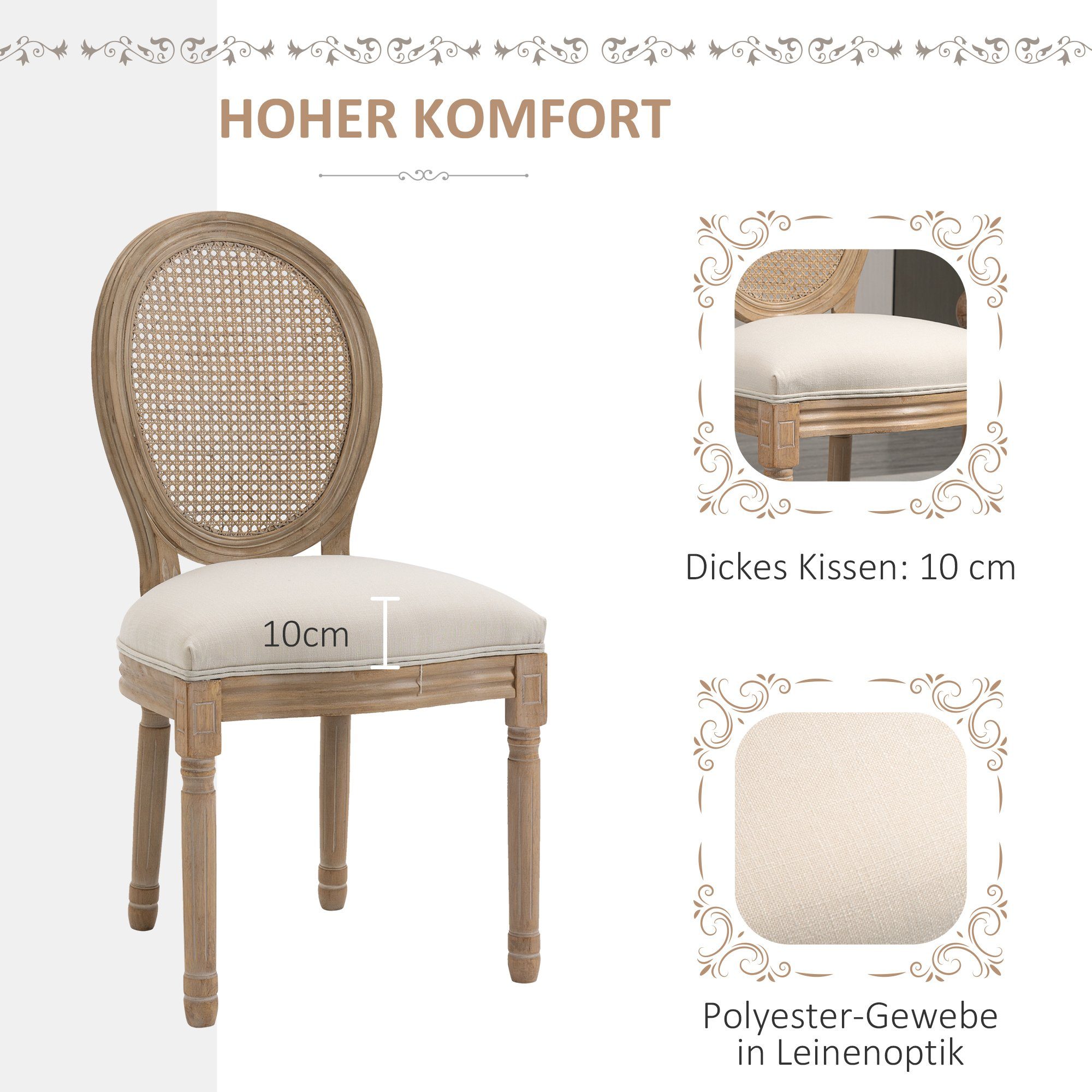 HOMCOM Esszimmerstuhl Küchenstuhl mit Rattan-Rückenlehne (Gepolsterter Polsterstuhl, 2 St), im Französischen Stil, für Wohnzimmer, Esszimmer, Cremeweiß