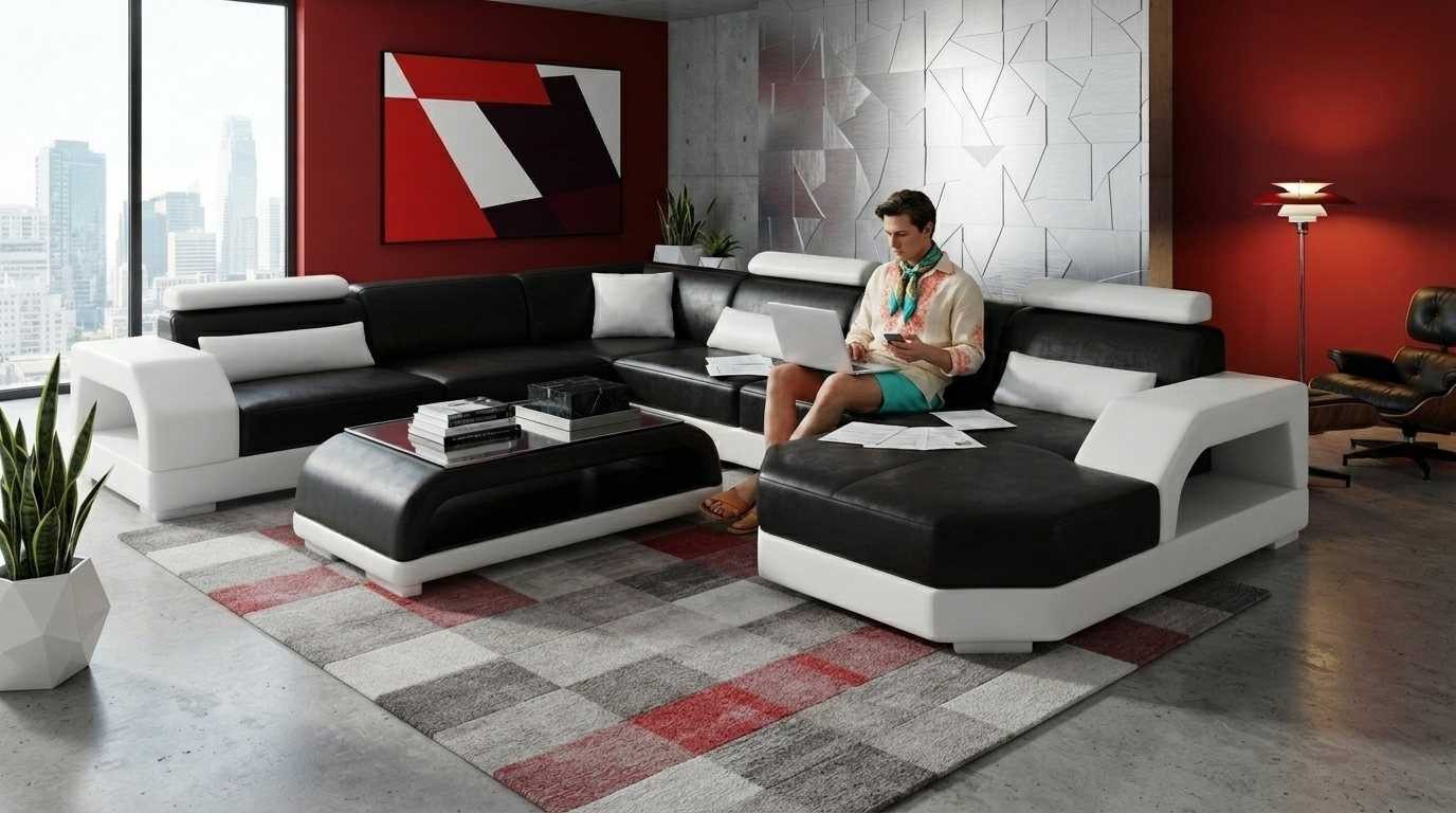 JVmoebel Wohnlandschaft Designer Ecksofa Schwarz mit Lounge Bereich und stilvollem Couchtisch, 2 Teile, Sofa U-form