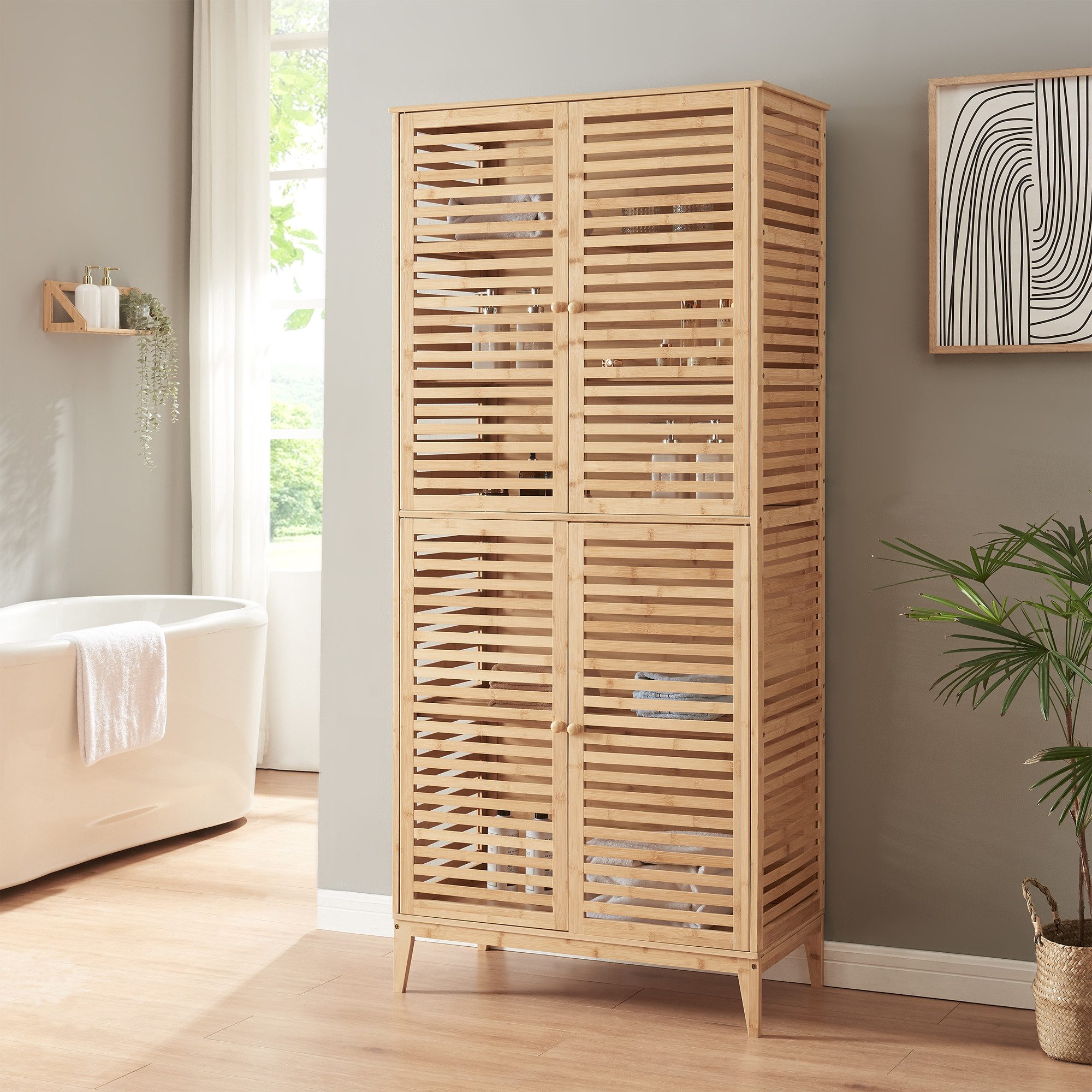 en.casa Mehrzweckschrank Badezimmerschrank »Raurgela« 180x80x40 cm Bambus günstig online kaufen