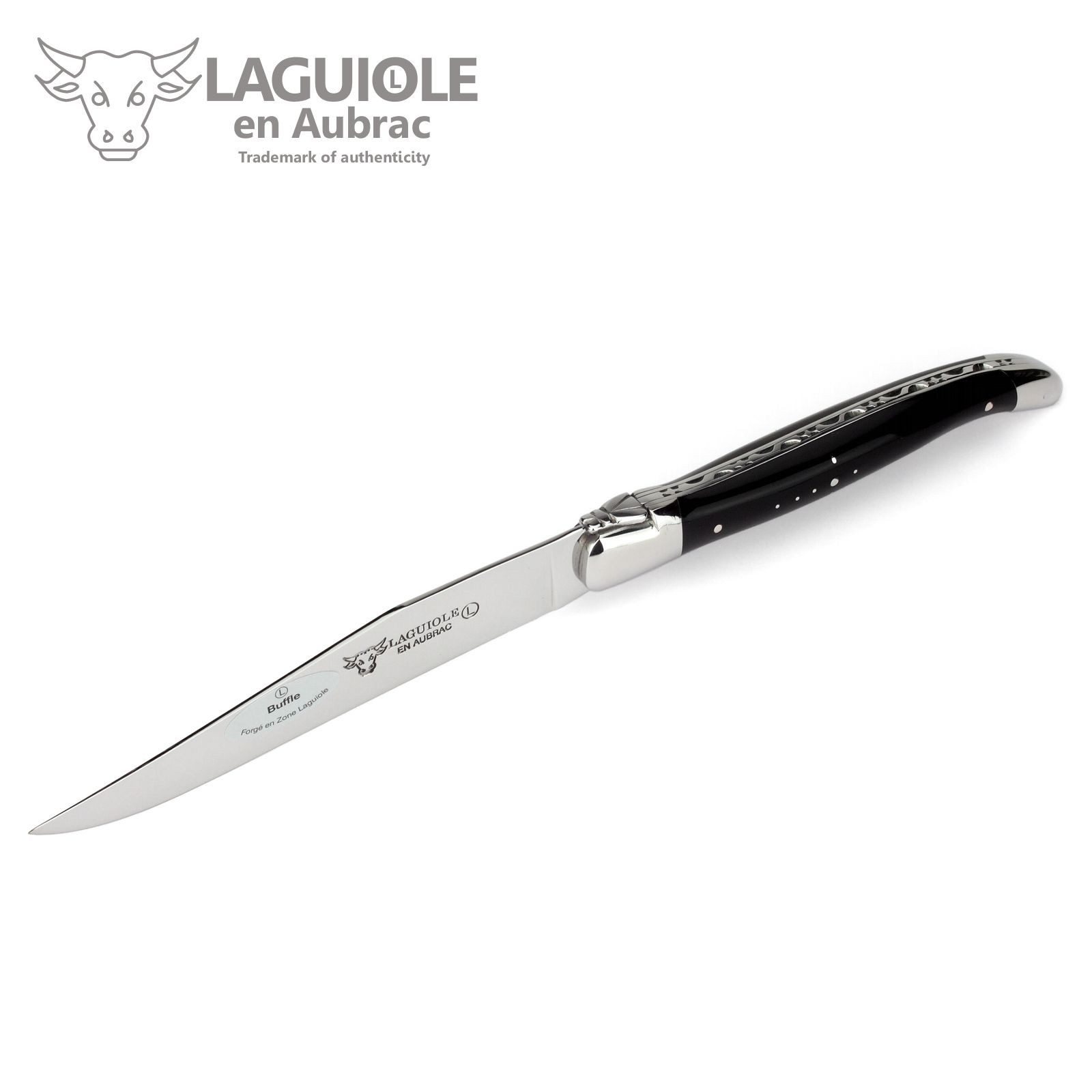 Laguiole en Aubrac Steakbesteck 1CF99BUI, 1 Messer / 1 Gabel - Griff Büffelhorn - Stahl glänzend