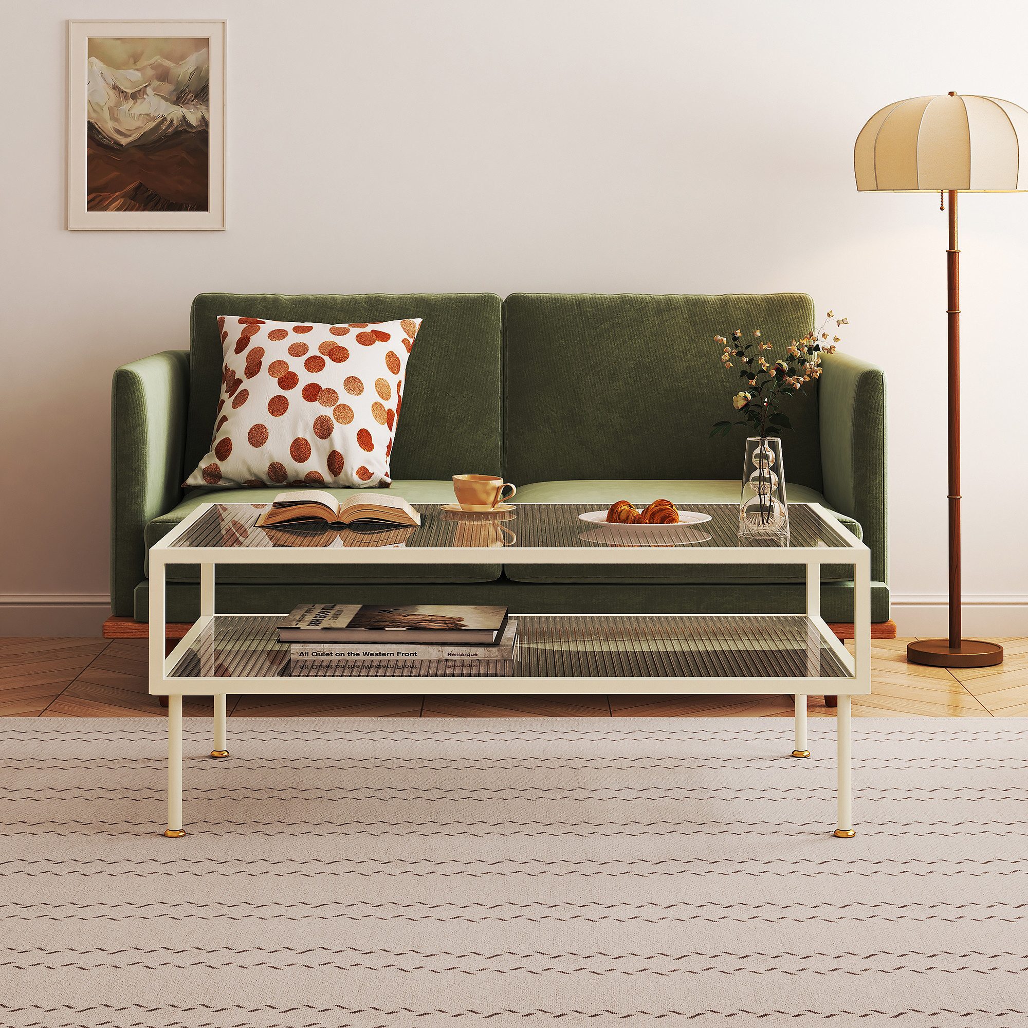 en.casa Couchtisch, »Lindau« mit Glasplatte 100 x 50 x 46 cm Cremeweiß günstig online kaufen