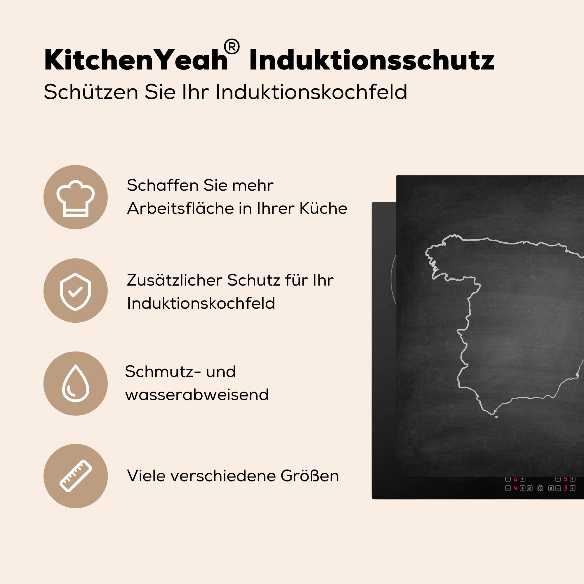 Ceranfeldabdeckung, auf einer cm, Schwarze MuchoWow Herdblende-/Abdeckplatte Kreidetafel, (1 küche 78x78 weiße tlg), Vinyl, von Spanien Arbeitsplatte für Illustration und