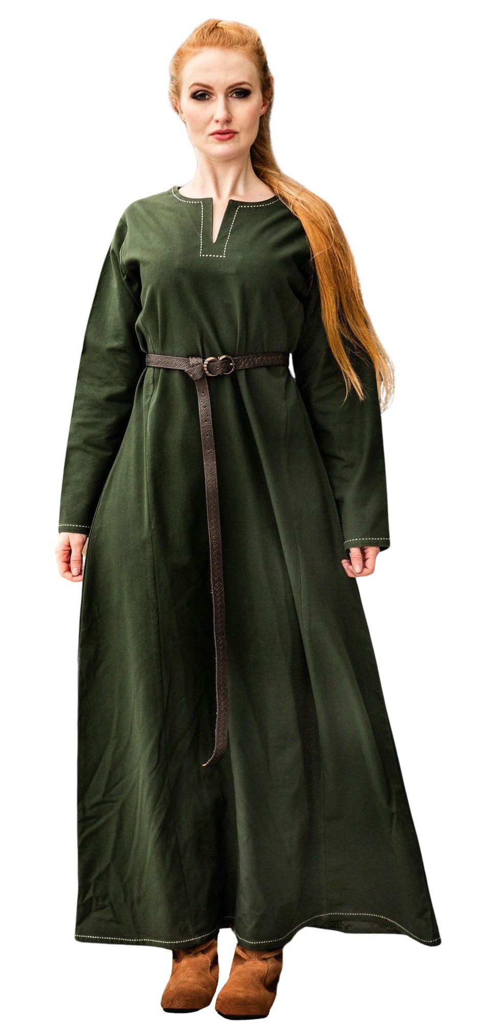 Leonardo Carbone Wikinger-Kostüm Unterkleid "Helga" mit V-Schlitz, kunstvolle Ziernähte, hochwertige Baumwolle