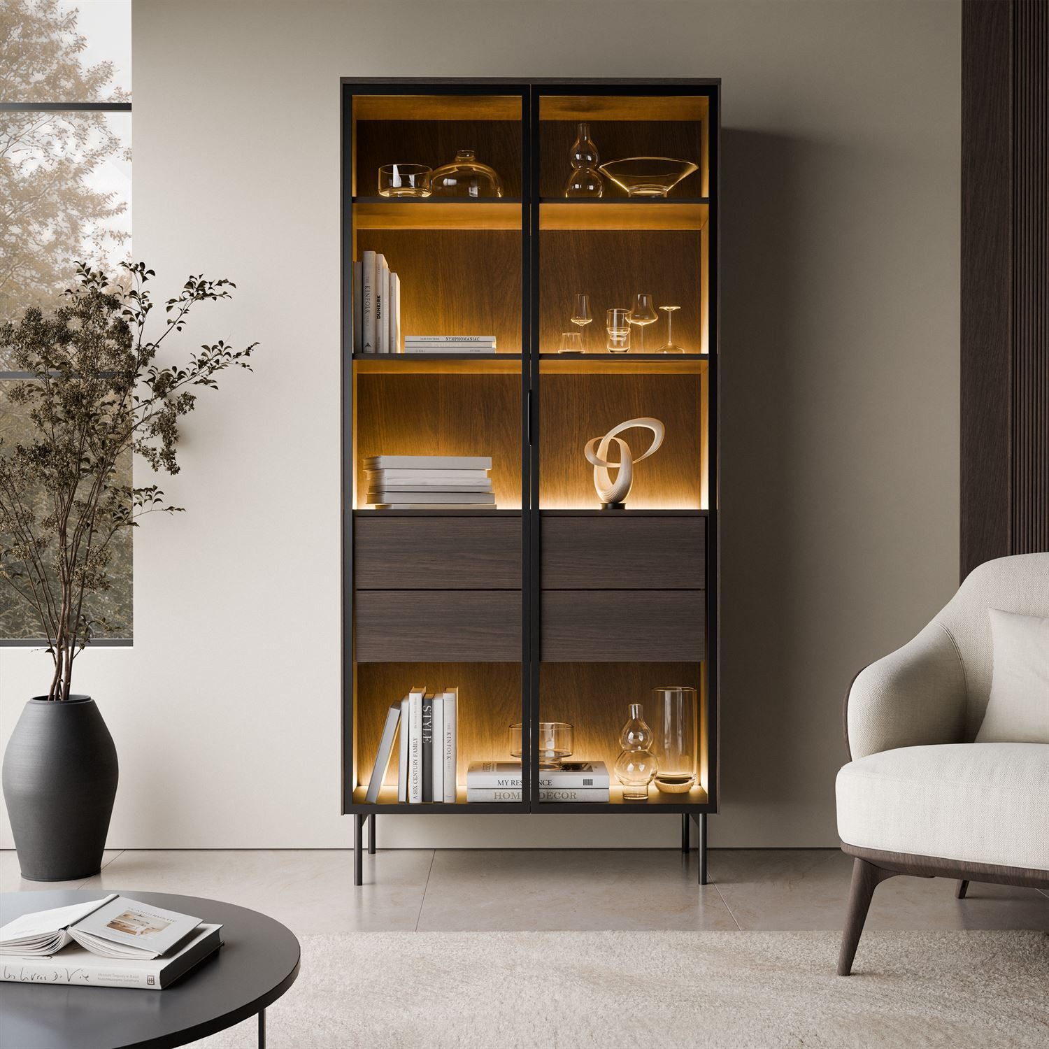 Lookway Glasvitrine LINEA LOFT Vitrine mit LED-Beleuchtung und Schubladen