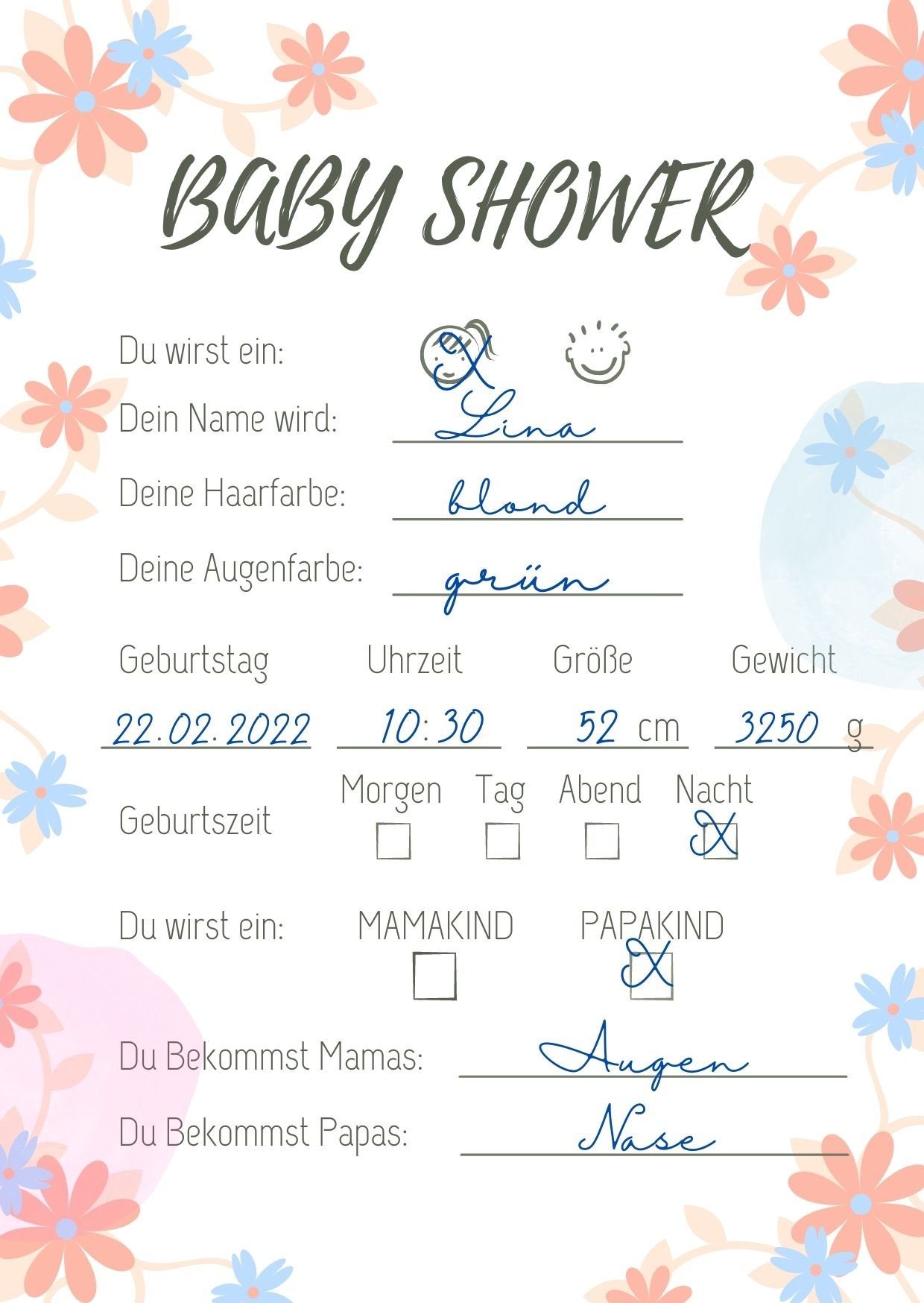 EMI & SAM Spiel EMI&SAM Babyparty Wunschkarten Karten Junge & Mädchen Wünsche Baby Shower 20 St, Blumen Orange