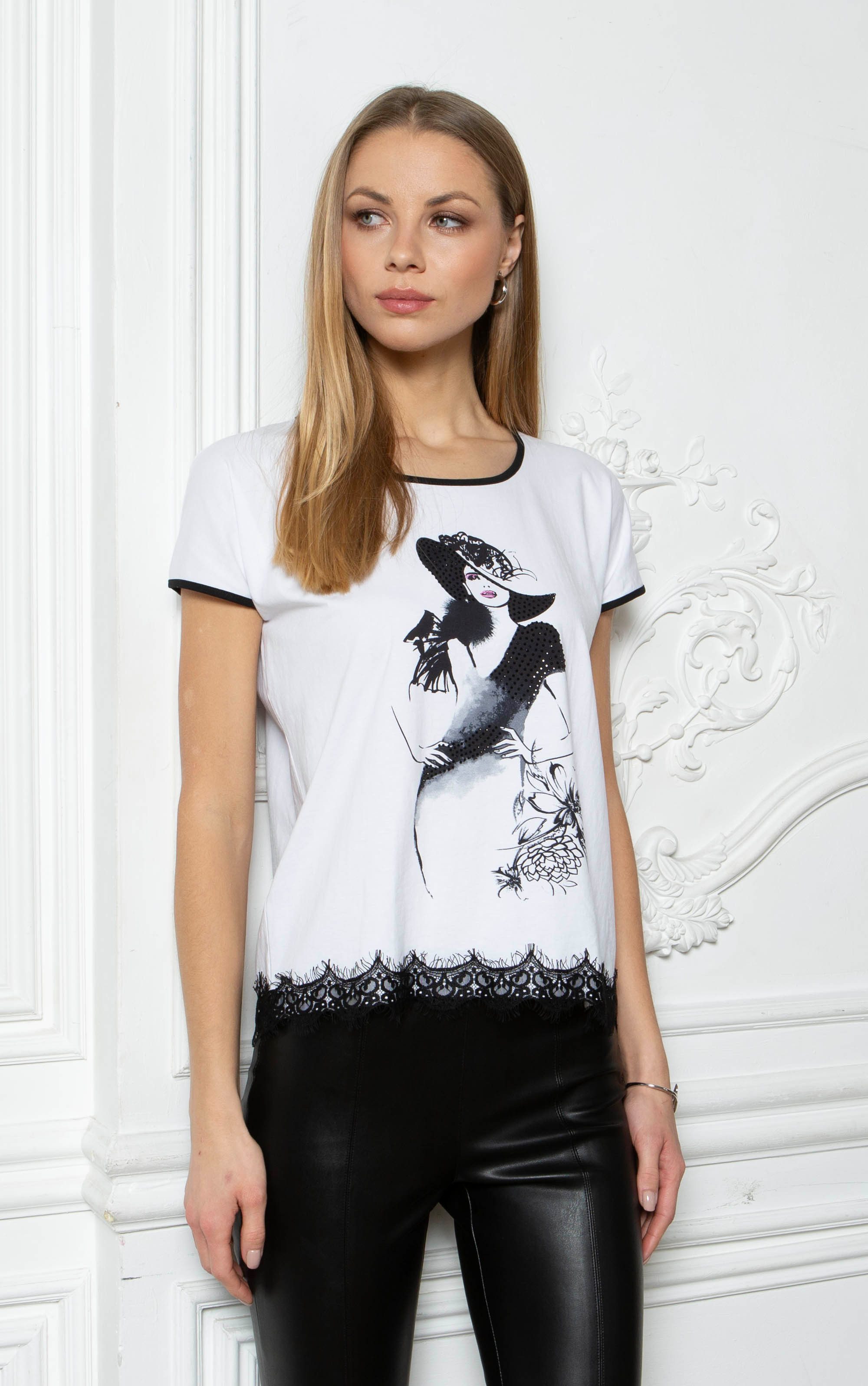 Passioni T-Shirt mit Spitzenbesatz und Modeillustration günstig online kaufen