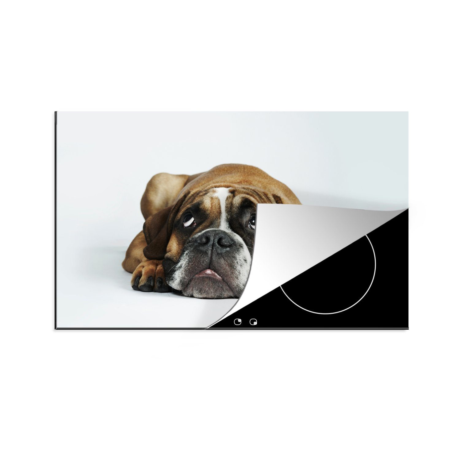 Schutz tlg), Ceranfeldabdeckung MuchoWow - 81x52 die Hund Herdblende-/Abdeckplatte küche, für Induktionskochfeld Vinyl, (1 Weiß, cm, - Haustiere