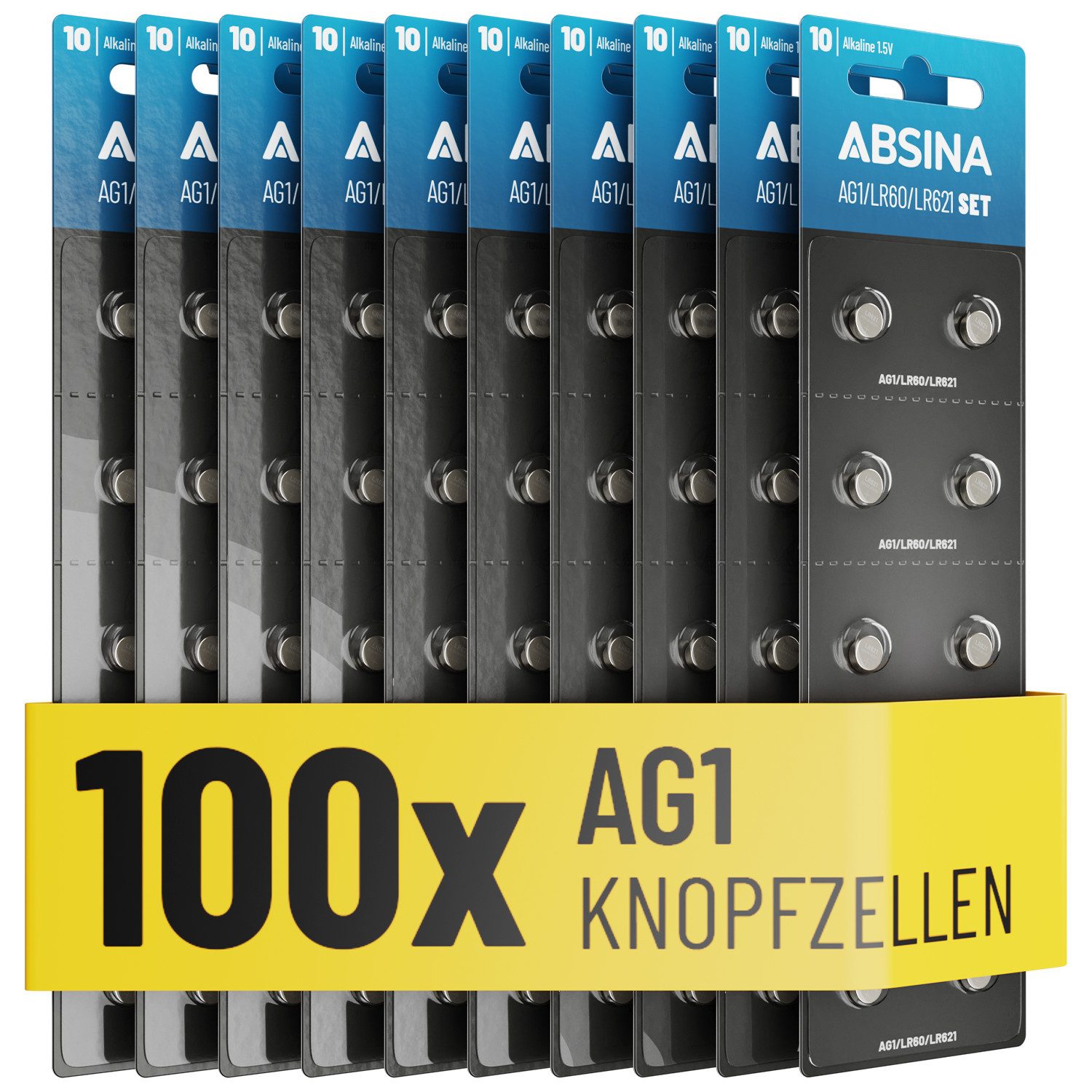 ABSINA AG1 LR621 Knopfzelle 100er Pack - 1,5V Alkaline Knopfzellen Knopfzelle
