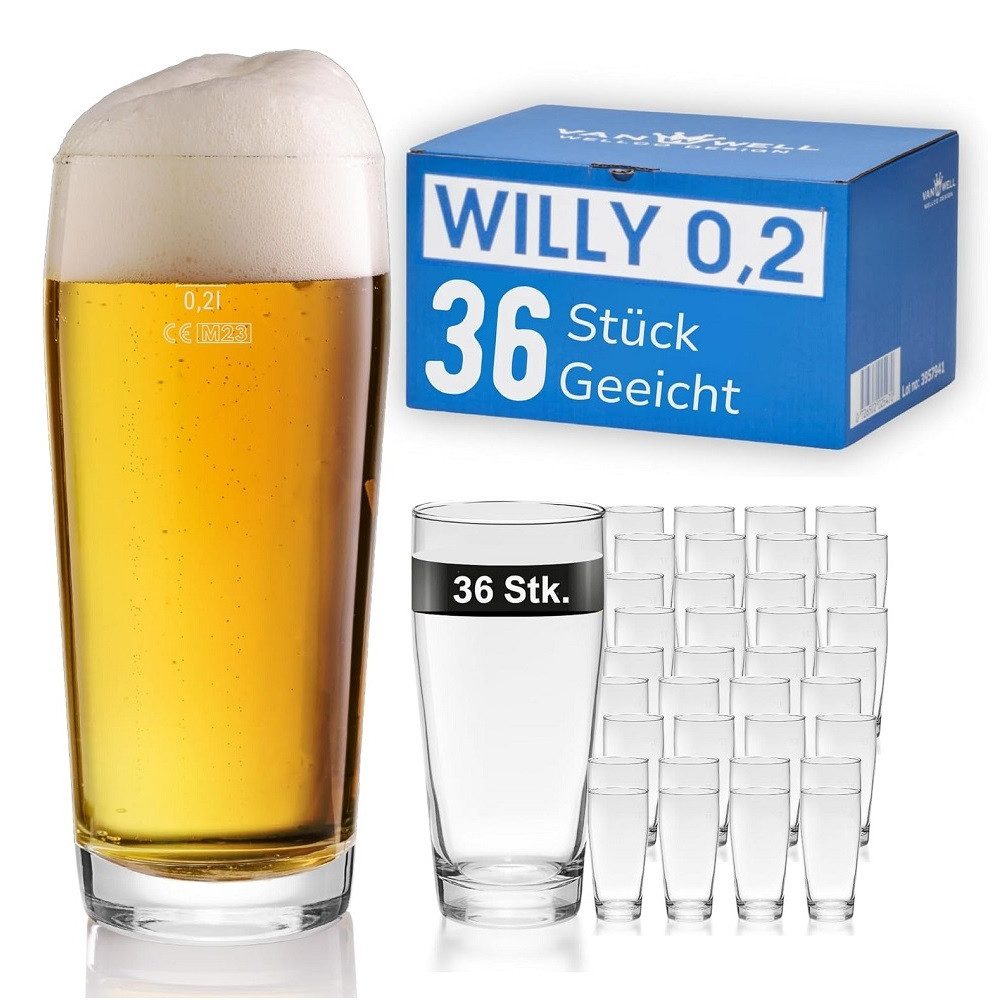 Arcoroc Bierglas Arcoroc Willi Becher 265 ml geeicht auf 200 ml 36er Set, Glas