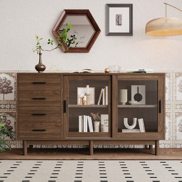 EXTSUD Sideboard Eckschrank mit Glasvitrine - 4 Schubladen,2 Glastüren,nussbaumfarbener