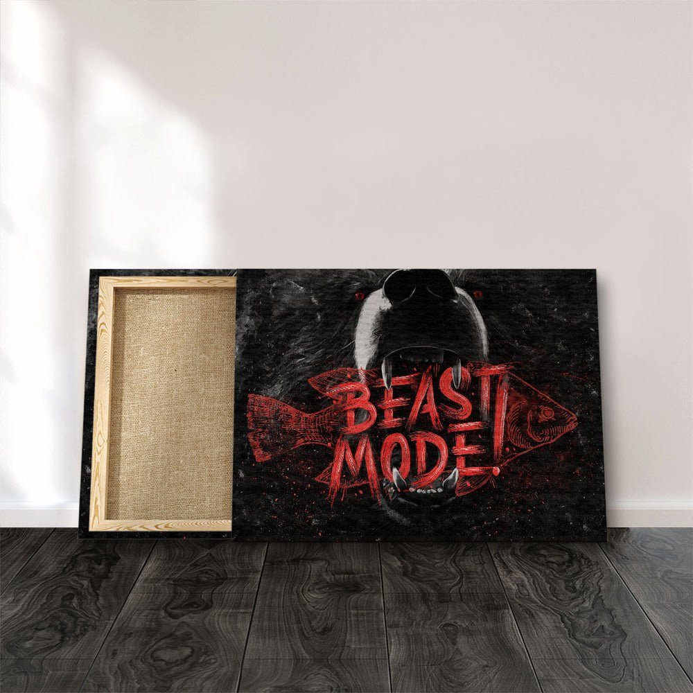 schwarz Motivation Wandbild Mode Bär Bear schwarzer grau Leinwandbild Beast Mode Fisch rot Bear, Rahmen Beast DOTCOMCANVAS®