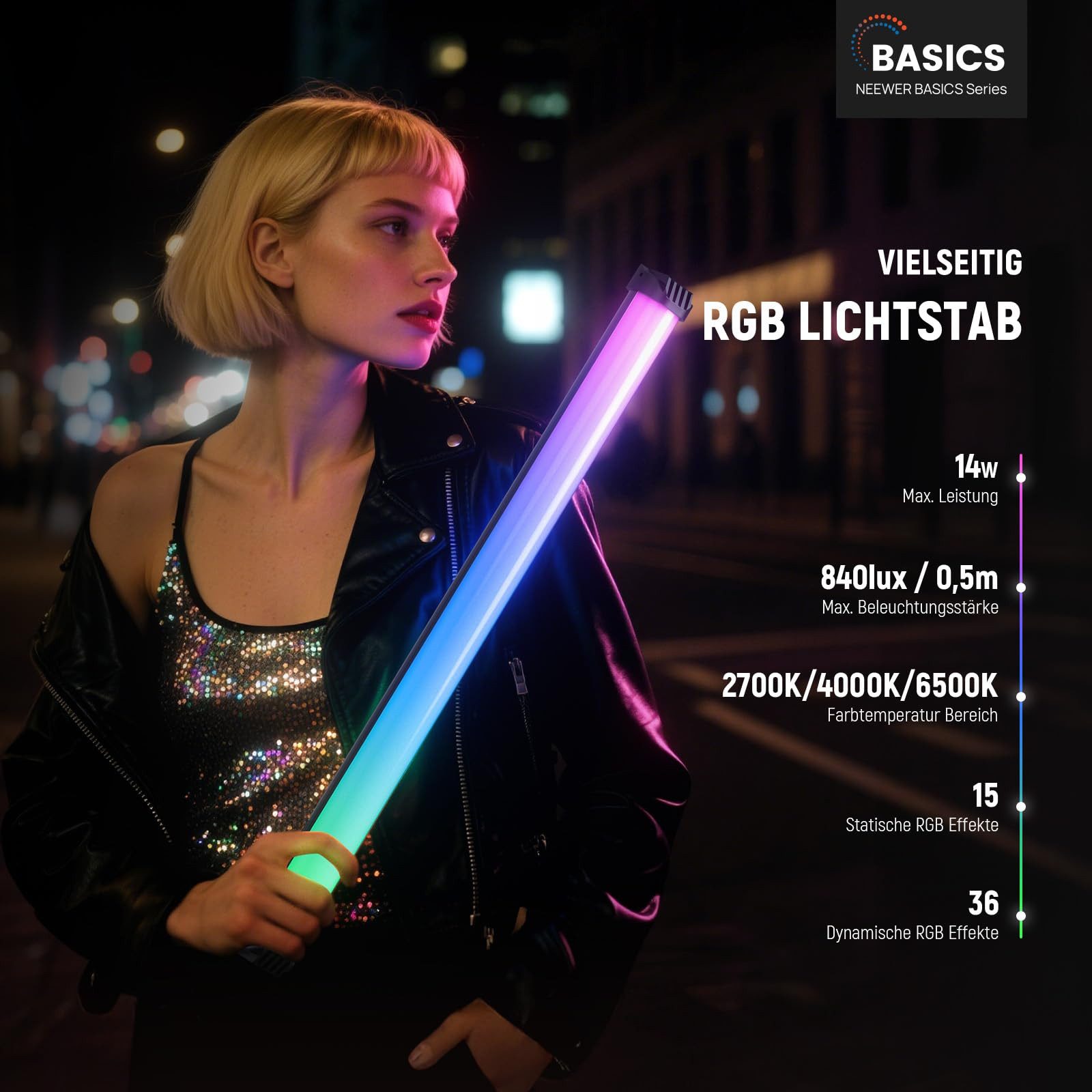 Neewer Videoleuchte SL50 50cm Magnetisch RGB Lichtstab, CRI95 dimmbarer 14W, 4000mAh Akku, LED Video Tube Videolicht Stick, 51 RGB Modi, für Aufnahme Streaming – Bild 2 von 5