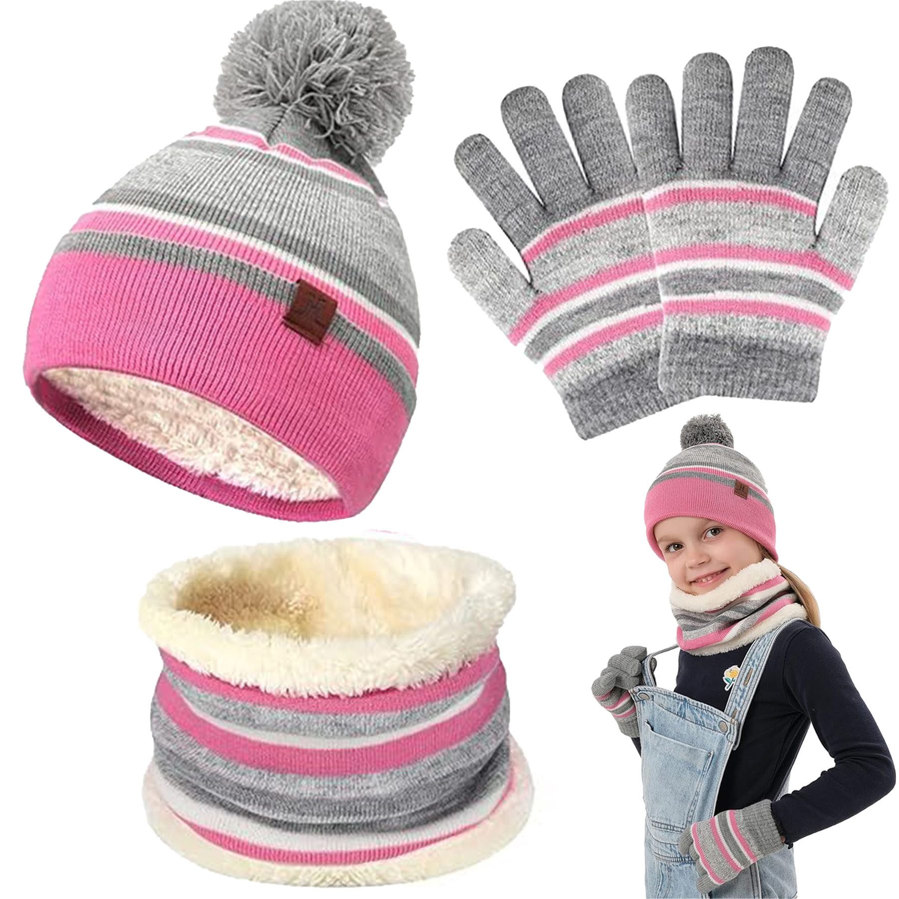 Mutig Mütze & Schal Winter Mütze Kinder Loop Schal Handschuhe 3-Set,Warm Bommelmütze (Winter Strickmütze, mit Plüsch Innenfutter für 3-6 Jahre Kleinkinder, Das Winter-Warmhalteset besteht aus Mütze, Handschuhen und Schal) Das Innere besteht aus weichem Fleece-Stoff, Wind effektiv abhalten