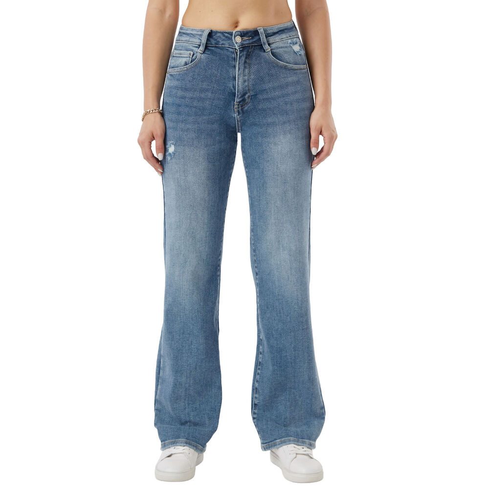 Ital-Design Weite Jeans Damen Wide-Leg Jeans High Waist mit Steppnähten (91767235) Destroyed-Look Stretch Relaxed Fit Jeans in Blau