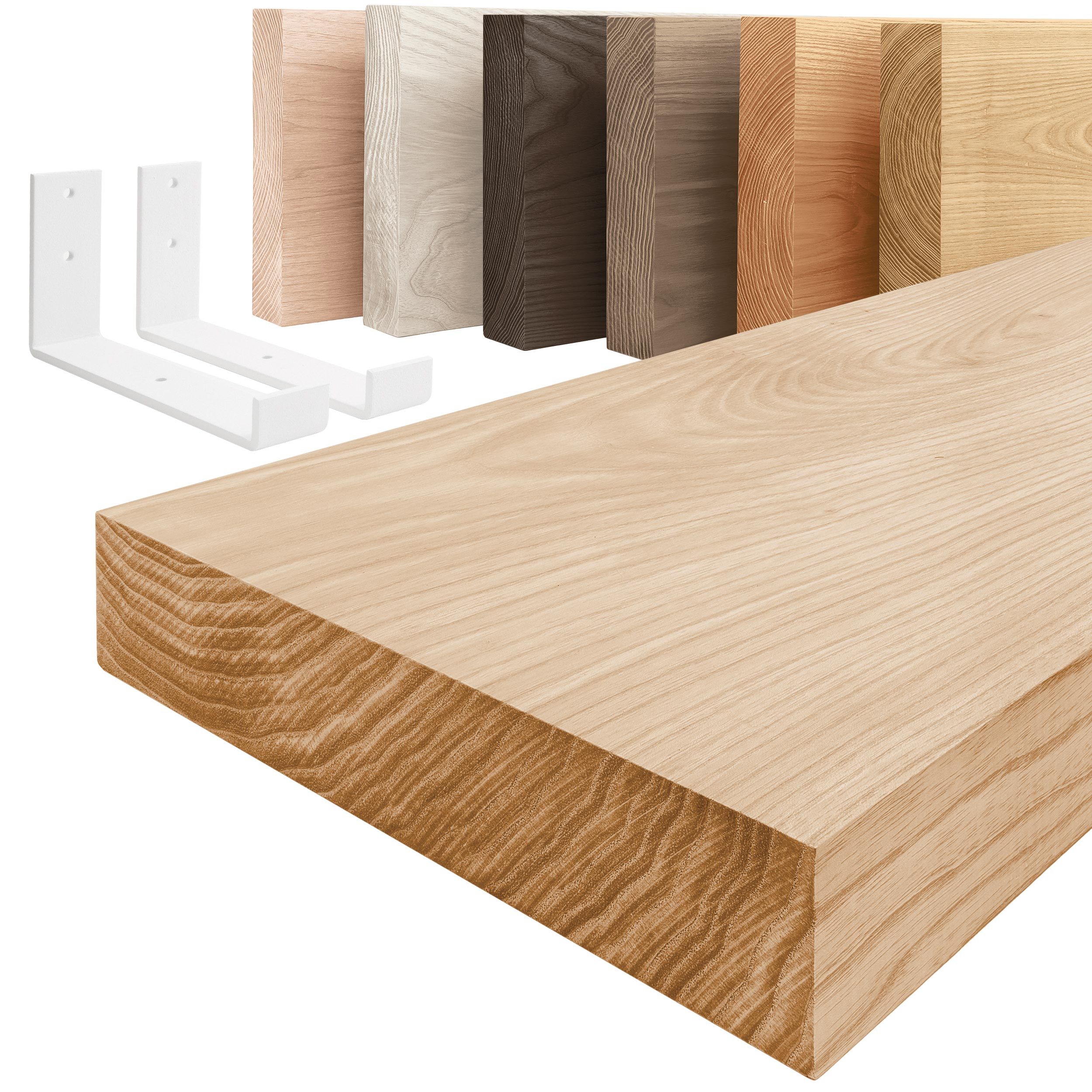 LAMO Manufaktur Wandregal Holz Gerade Regal Farbe: Natur mit weißem Industrial Regalträger 40 cm, Komplett-Set, 40mm stake Massivholzplatte