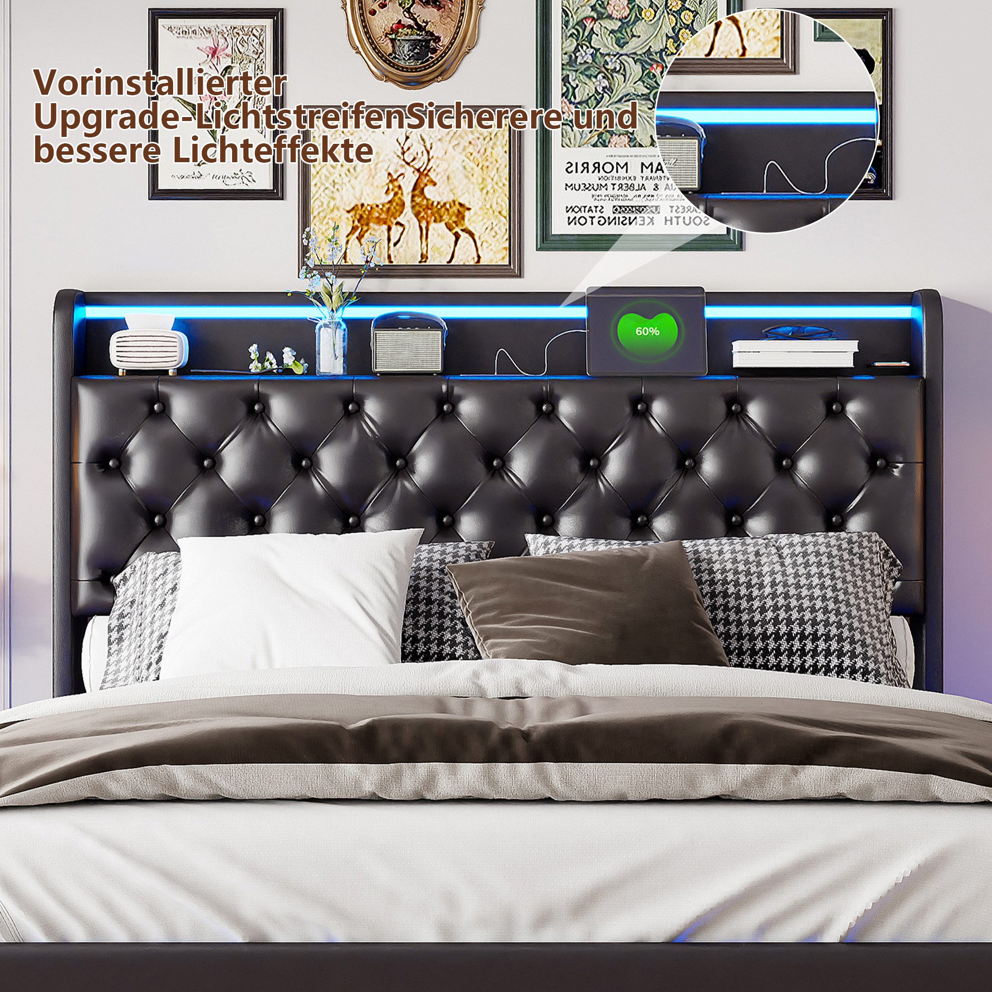 PXloue Polsterbett LED Doppelbett (Kein Bettfuß-Design), Stauraumbett, mit Hydraulisch Bettkasten, Kunstleder, 140x200 cm