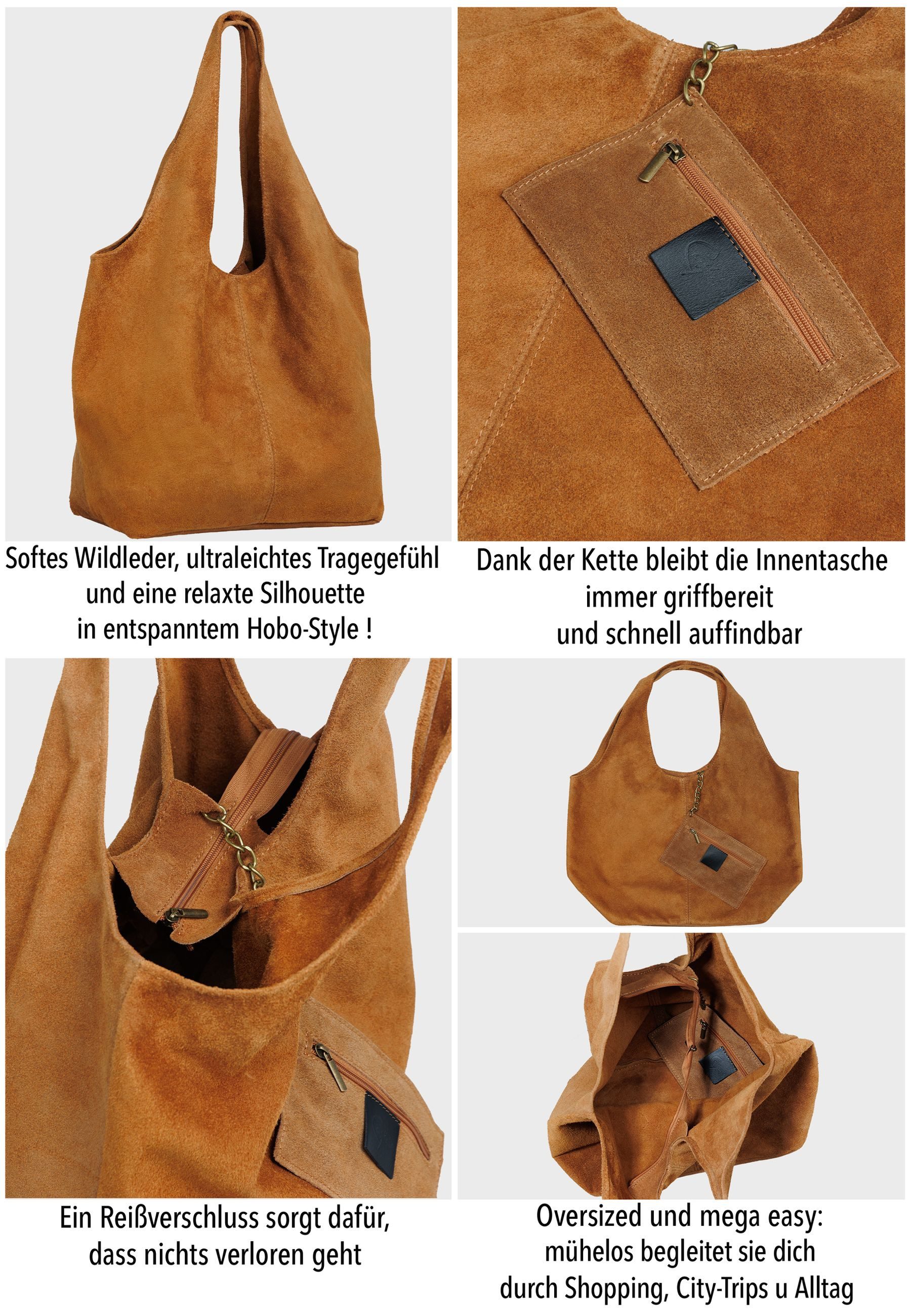 Caspar Schultertasche große Wildleder Hobo bag Damen Tasche - PREMUM LINE - Modell No.840, angenehm leicht, ohne Innenfutter, mit Sicherheitsfach, 100% Echtleder