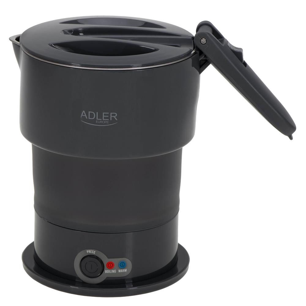 ADLER EUROPE Reise-Wasserkocher AD 1377g faltbarer Reisewasserkocher mit Warmhaltefunktion, Tasche, 0,6 l, 600 W, Silikongehäuse, Reise, Camping, Wohnmobil und Hotel, grau