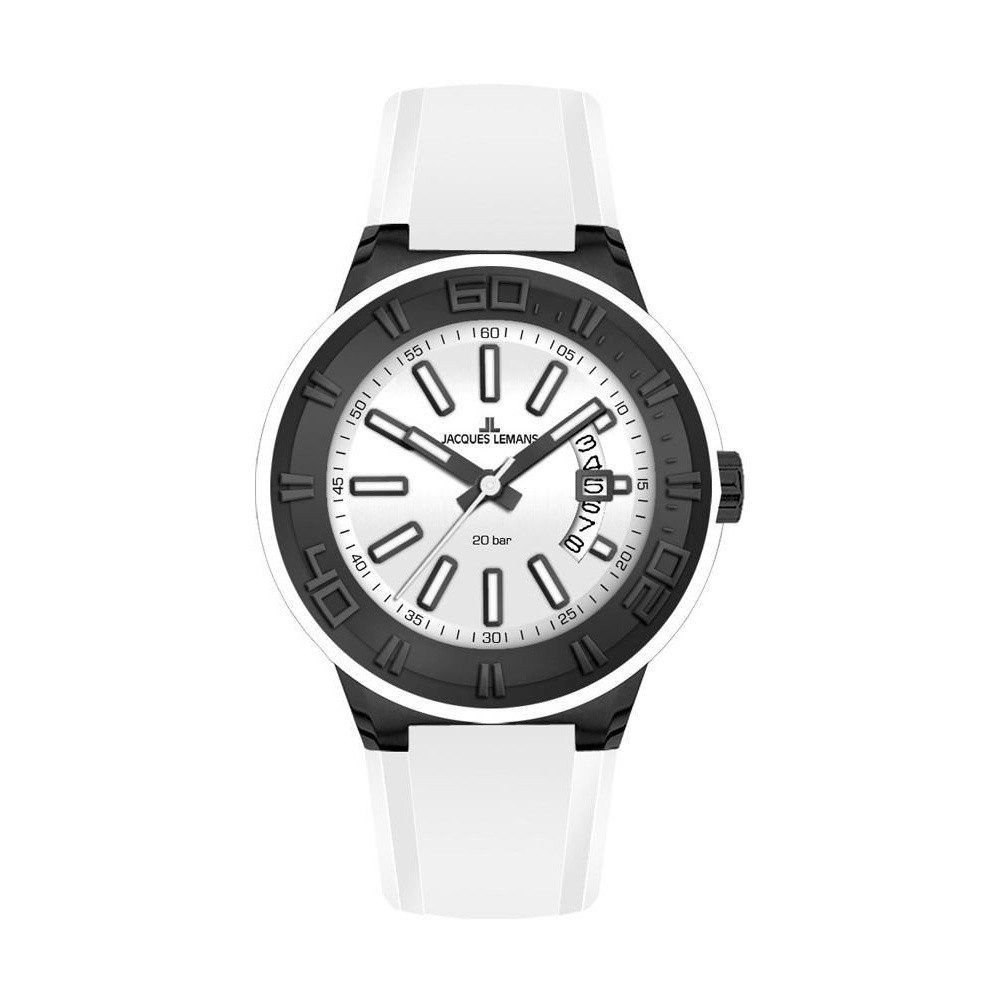 Jacques Lemans Quarzuhr Armbanduhr Analog Edelstahl Silikonband Schwarz Weiß Datum 1-1785J