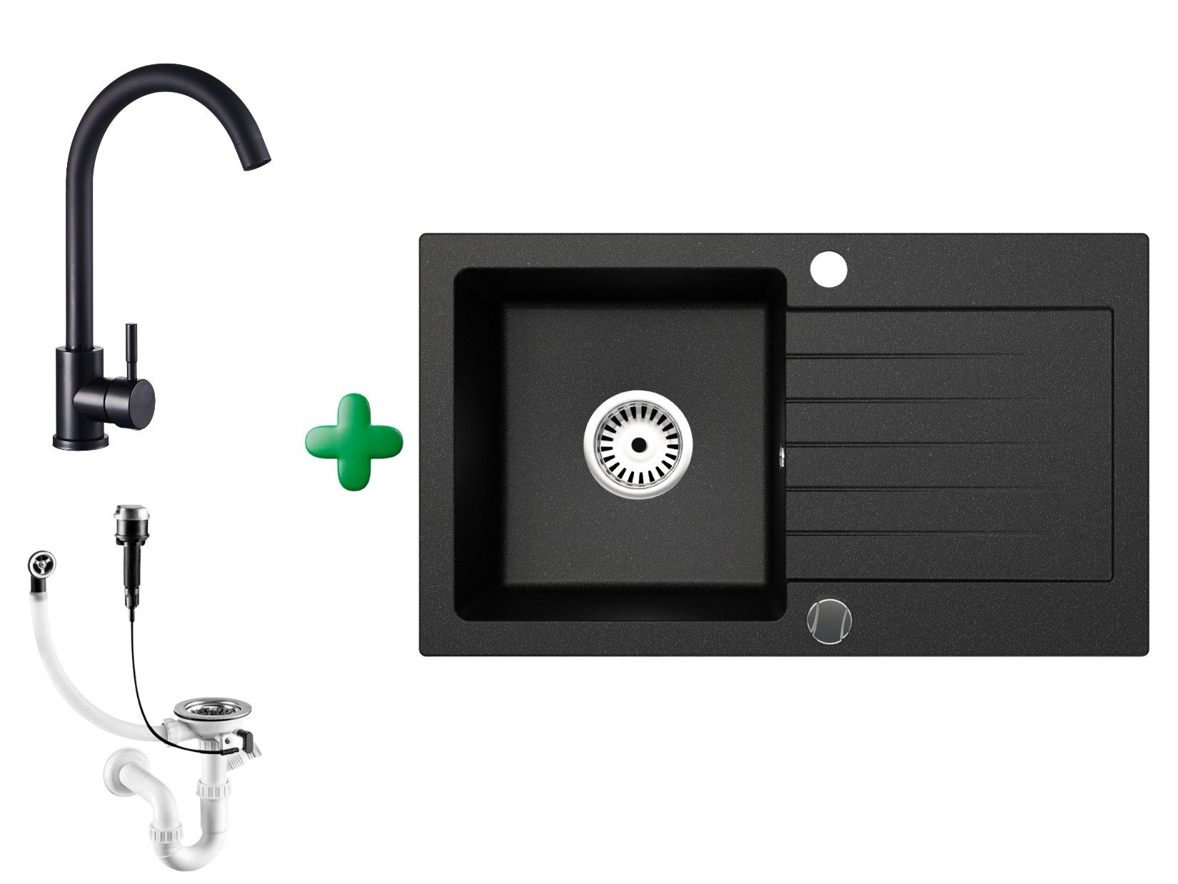 Faizee Möbel Granitspüle Granitspüle 75 cm Schwarz mit passender Armatur Ko günstig online kaufen